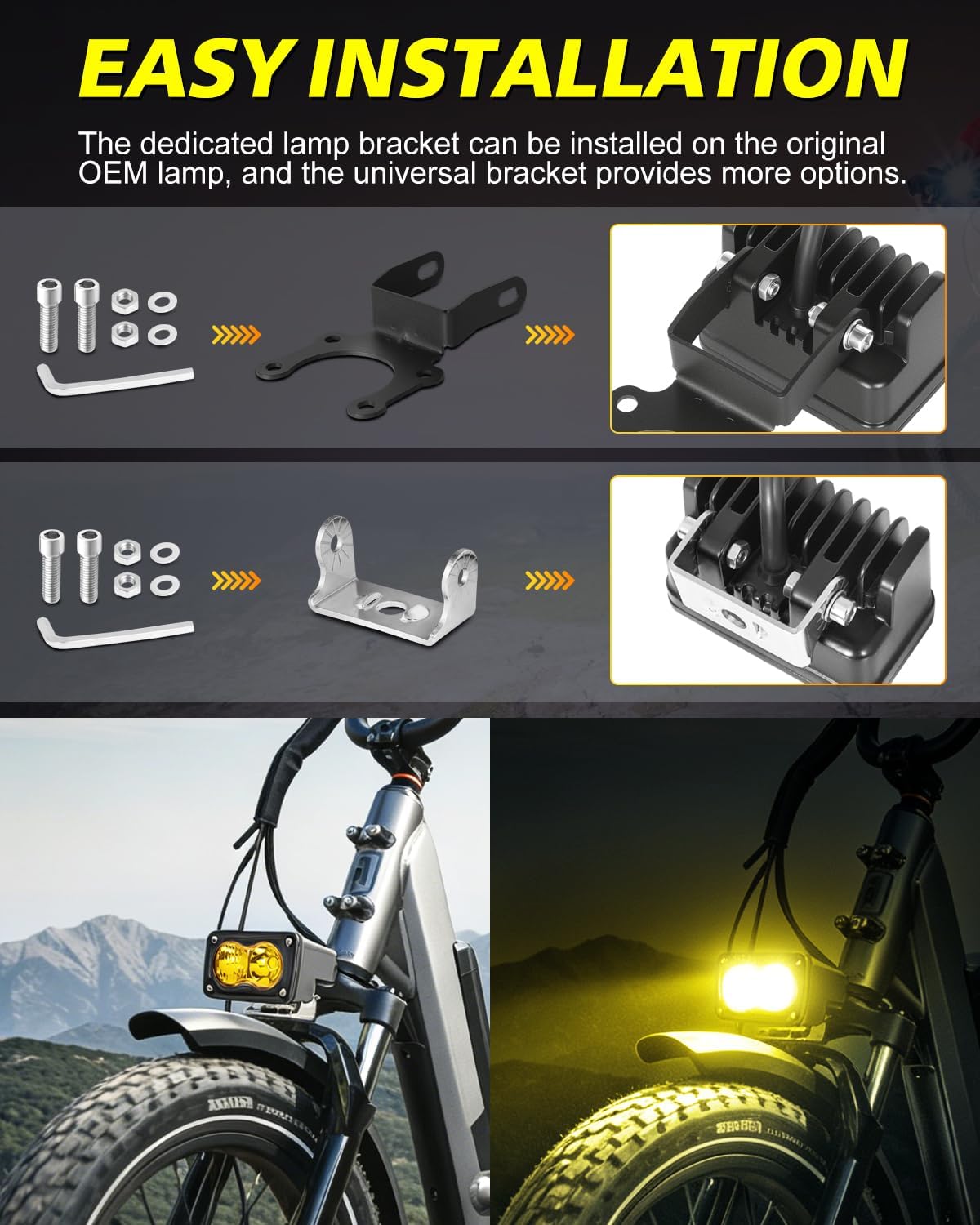 2 Pin Male Yellow Headlight for Rad Power Bikes Vamoose Mammoth | High Intensity CREE LEDs, Spot Flood Combo Beam, 3000K Yellow 20W Waterproof E-Bike Light, Check Connector Before Purchase.