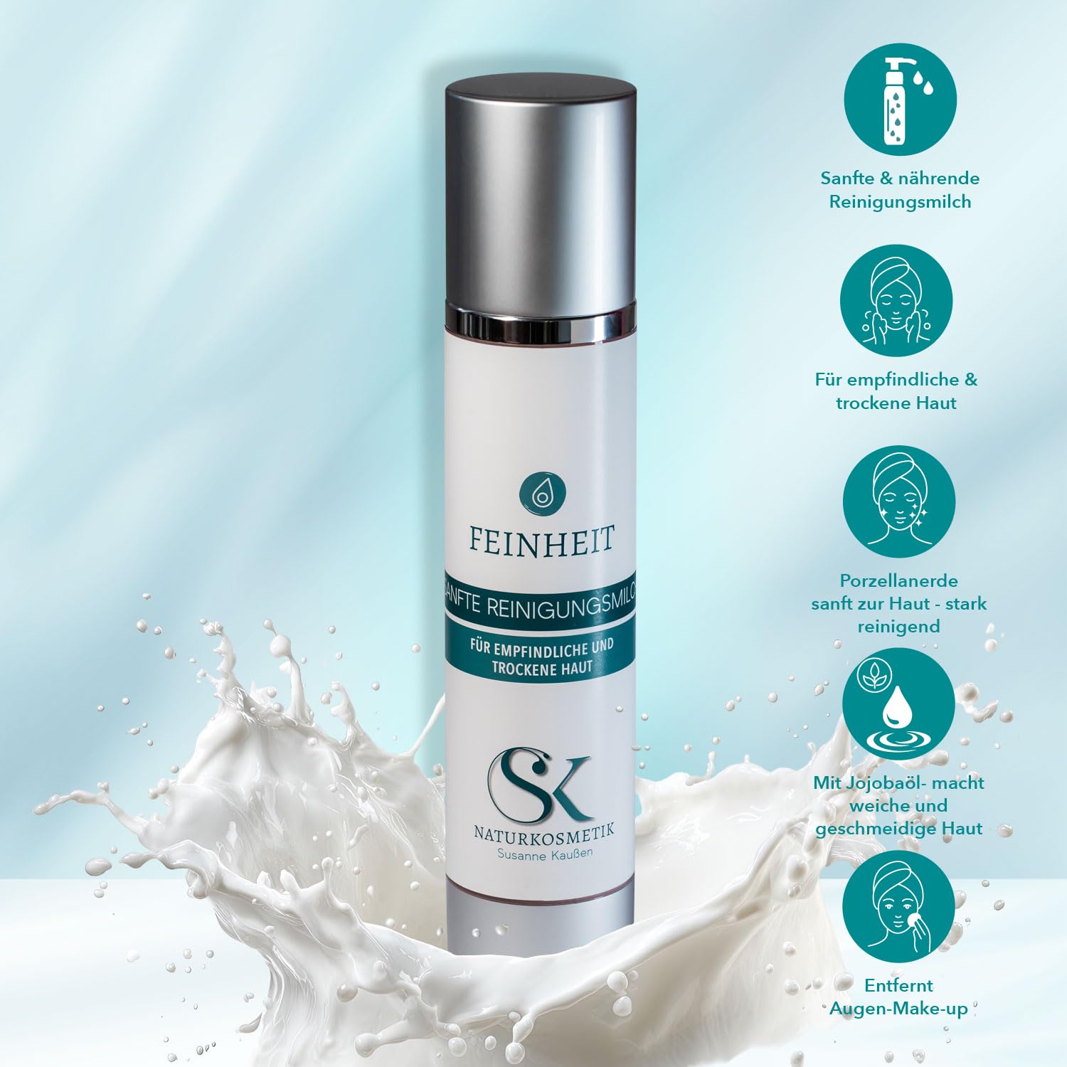 SK Naturkosmetik FEINHEIT Reinigungsmilch – sanfte Gesichtsreinigung mit Porzellanerde, Aprikosenmandelöl & Jojobaöl | mit Vitamin E & B12 | entfernt Make-up & Augen-Make-up ohne Brennen