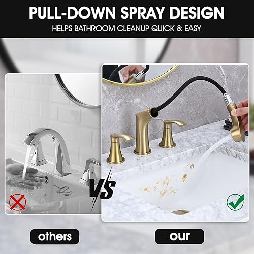 Miniatura 4 de Besfelos Grifo de baño con rociador extraíble, juego central de 4 pulgadas, grifo de fregadero de 3 agujeros, grifo extraíble de 2 manijas para