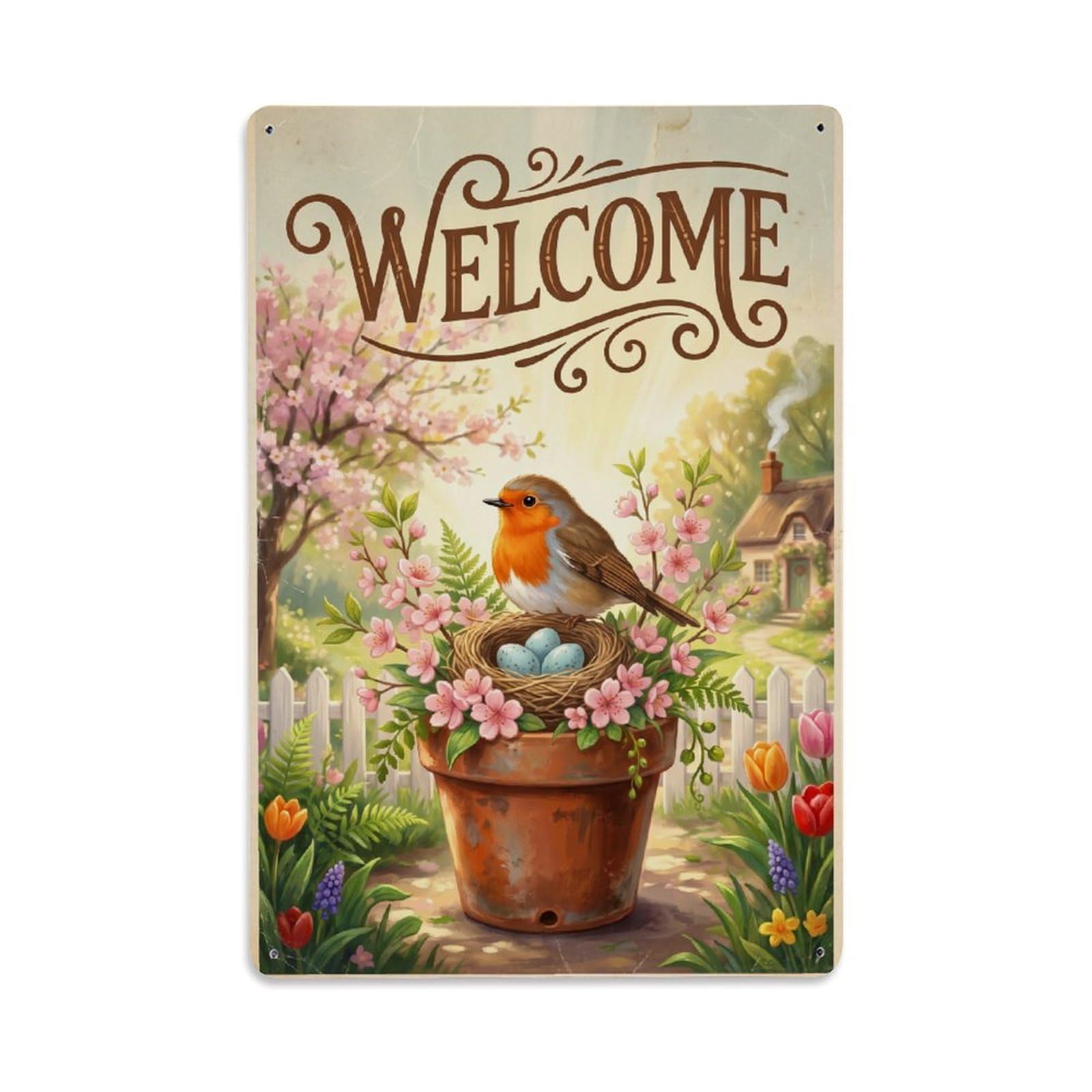 Cxhjca 8X12inch(20X30cm) [Vintage Welcome] Robin New Beginnings Metal Tin Sign