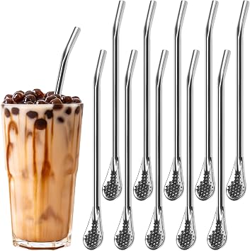 10PCS Stainless Steel Straw Filter Spoon, Tea Filter Straw, Yerba Mate Bombilla Filters, Reusable Stainless Steel Drinking Straws, Metal Stirring Spoon Straw for Travel, 7.2 Inch