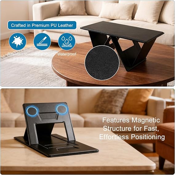PRETYZOOM Foldable Lap Desk for Bed and Couch, Portable Laptop and Tablet Stand with 4 Adjustable Angles, Non-Slip PU Leather Bed Tray for Reading, Browsing, Streaming, Fits Laptops up to 17 Inches