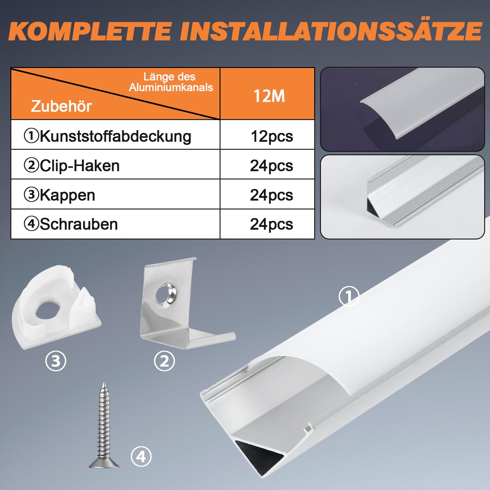 Perfil de aluminio para esquinas de LED, 12 unidades x 1 m, en forma de V, perfil LED para tiras LED de hasta 10 mm, barra de aluminio negro con difusor de canal, tapas finales, clip de montaje
