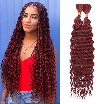 Deep Wave Braiding Hair Curly Bulk Synthetic Hair Extensions For Women Wet and Wavy Braids Extensions for Boho Box Braids No Weft 2Bundle/Pack Hair Extensionswine red#