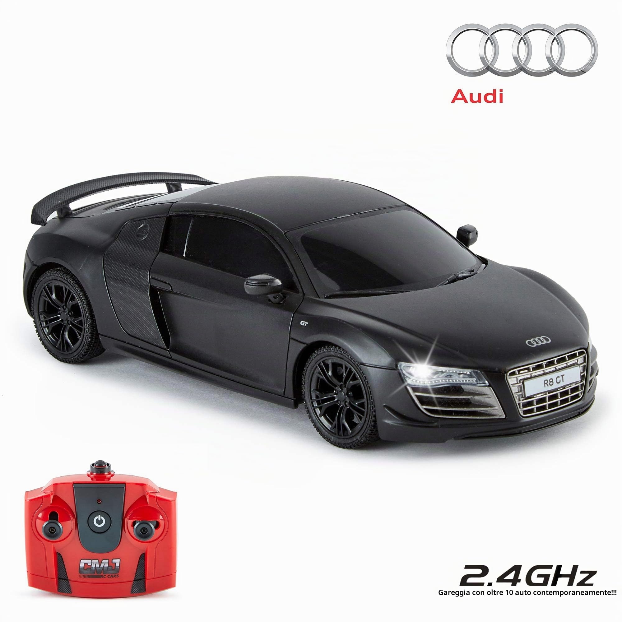 CMJ RC Cars AUDI R8 GT, auto telecomandata con licenza ufficiale con luci di lavoro, auto radiocomandata per ragazzi e ragazze Giocattoli scala 1:24, 2,4 Ghz Gareggia con più di 10 auto insieme (nero)