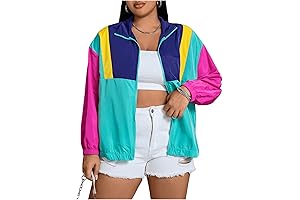 Women's Plus Size 90s Color Block Windbreaker Jacket