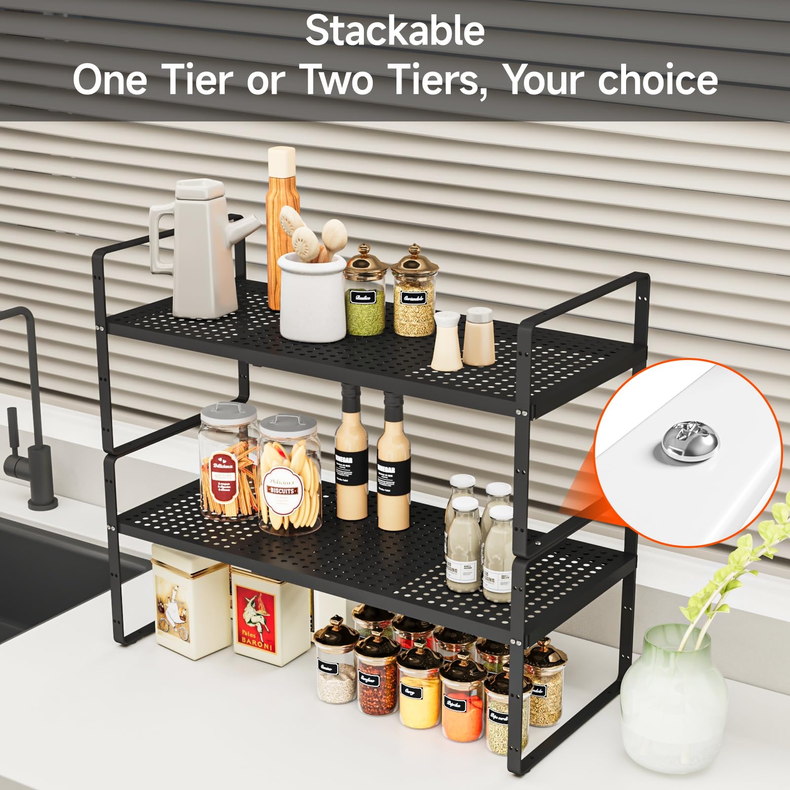 Organizador apilable de gabinete de cocina, estante de metal ajustable para armarios de almacenamiento de cocina, estante de especias expandible, organizador de encimera para despensa y armario,