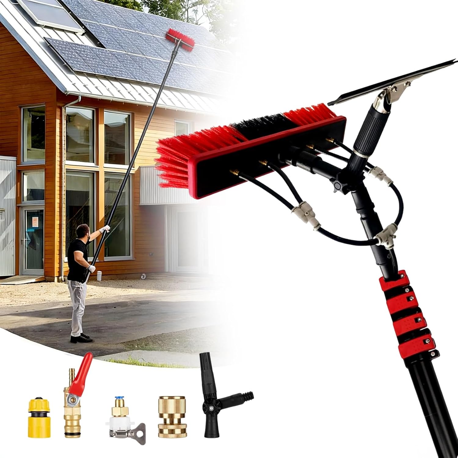 Solar Panel Cleaning Equipment, Water Fed Pole Kit, 12-39 Feet Water Fed Cleaning Brush with Squeegee & Telescopic Brush, Window Cleaner & Solar Panel Cleaning System Washing Kit(24FT/7.2M)