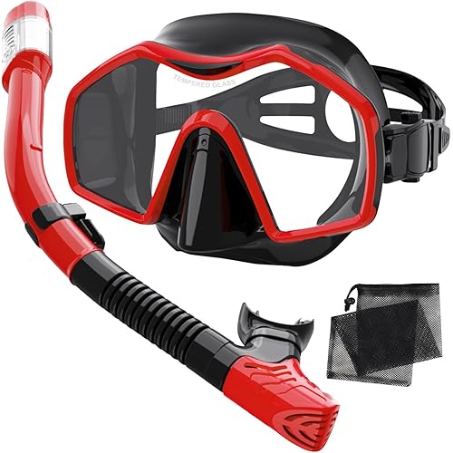 Snorkeling Gear for Adults,Dry-Top Snorkel Mask Set with Tempered Glass,Anti-Fog & Anti-Leak Panoramic Swim Mask,Adjustable Snorkel Kit with Carry Bag for Scuba Diving,Swimming,Travel