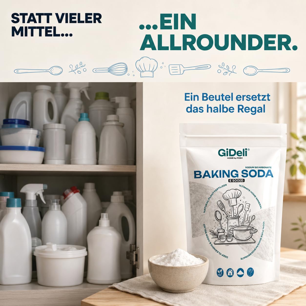 GiDeli Natron Lebensmittelqualität 2 x 5kg - Natriumbicarbonat Pulver ohne Zusätze - Ideal zum Koche, Backen, Waschen und Putzen - Vielseitige Anwendung im Haushalt