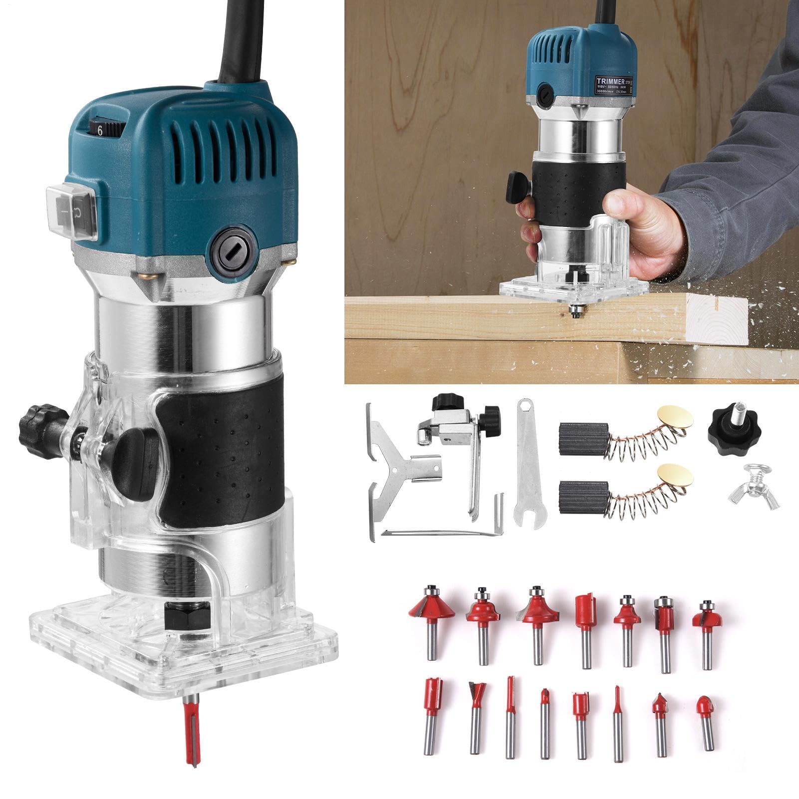 Fresa verticale da 800 W, fresatrice elettrica per legno, fresatrice per bordi in legno, 220 V, 6 velocità, 40000 giri/min, in alluminio (scatola di carta) + 1 coltello dritto + 15 pezzi