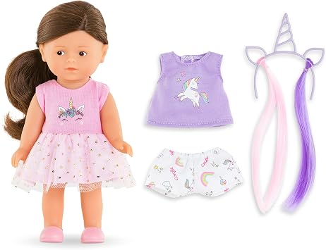 Corolle Mini Corolline Romy Unicorn Gift Set Includes 8" Doll and 3 Accessories - Shirt, Shorts and Headband with Hair Extensions, for Ages 3 Years and up