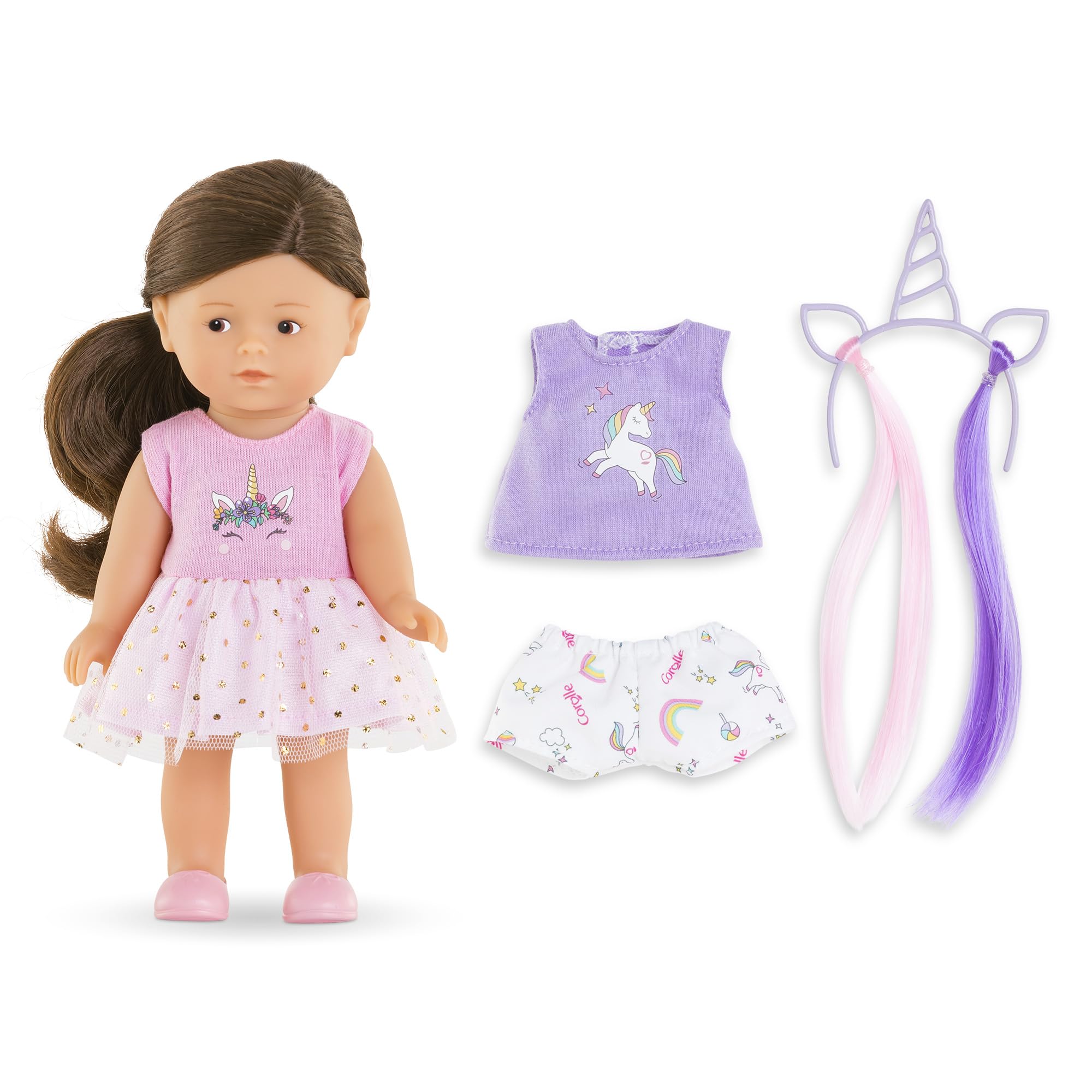 CorolleMini Corolline Romy Unicorn Gift Set Includes 8" Doll and 3 Accessories - Shirt, Shorts and Headband with Hair Extensions, for Ages 3 Years and up