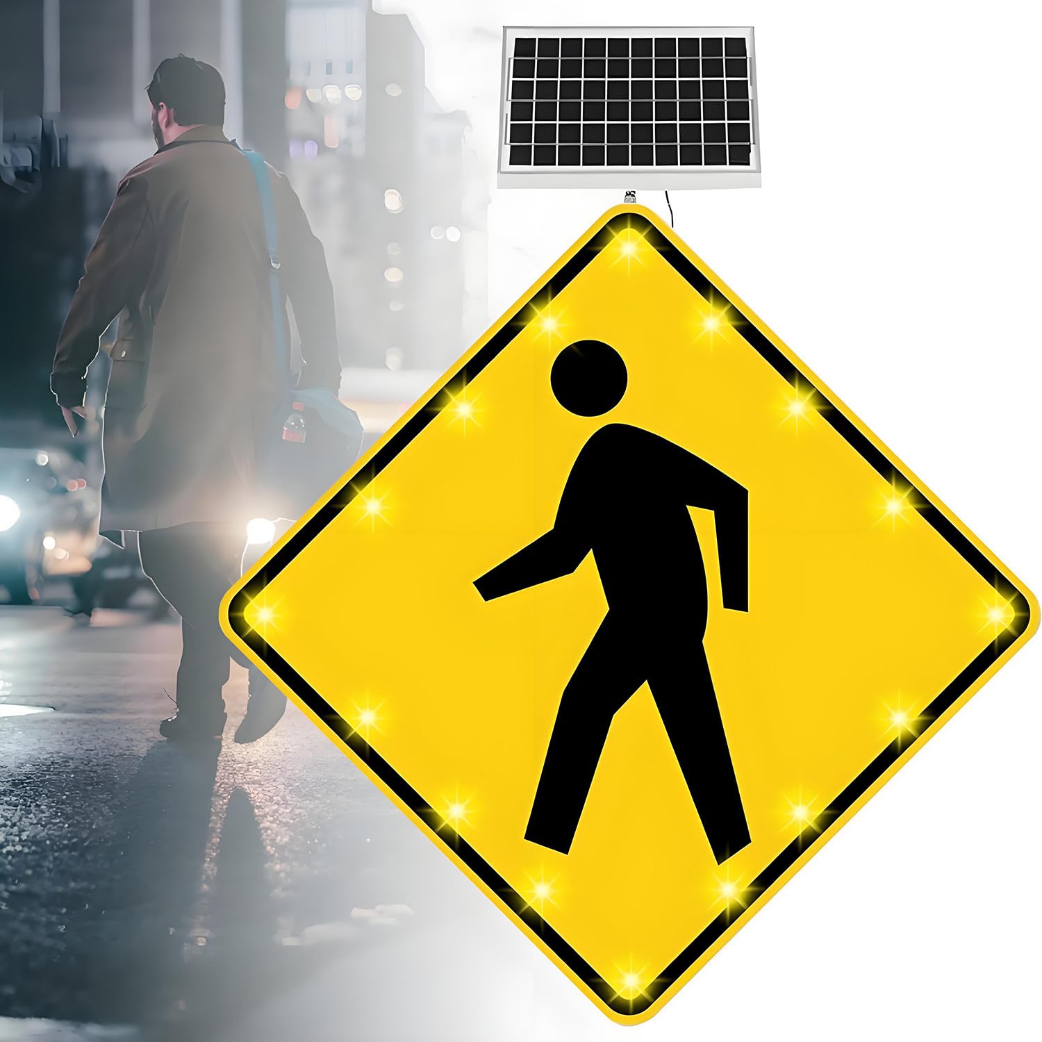 Señal de cruce de peatones LED con energía solar, señal de advertencia de tráfico, marco inoxidable para seguridad vial