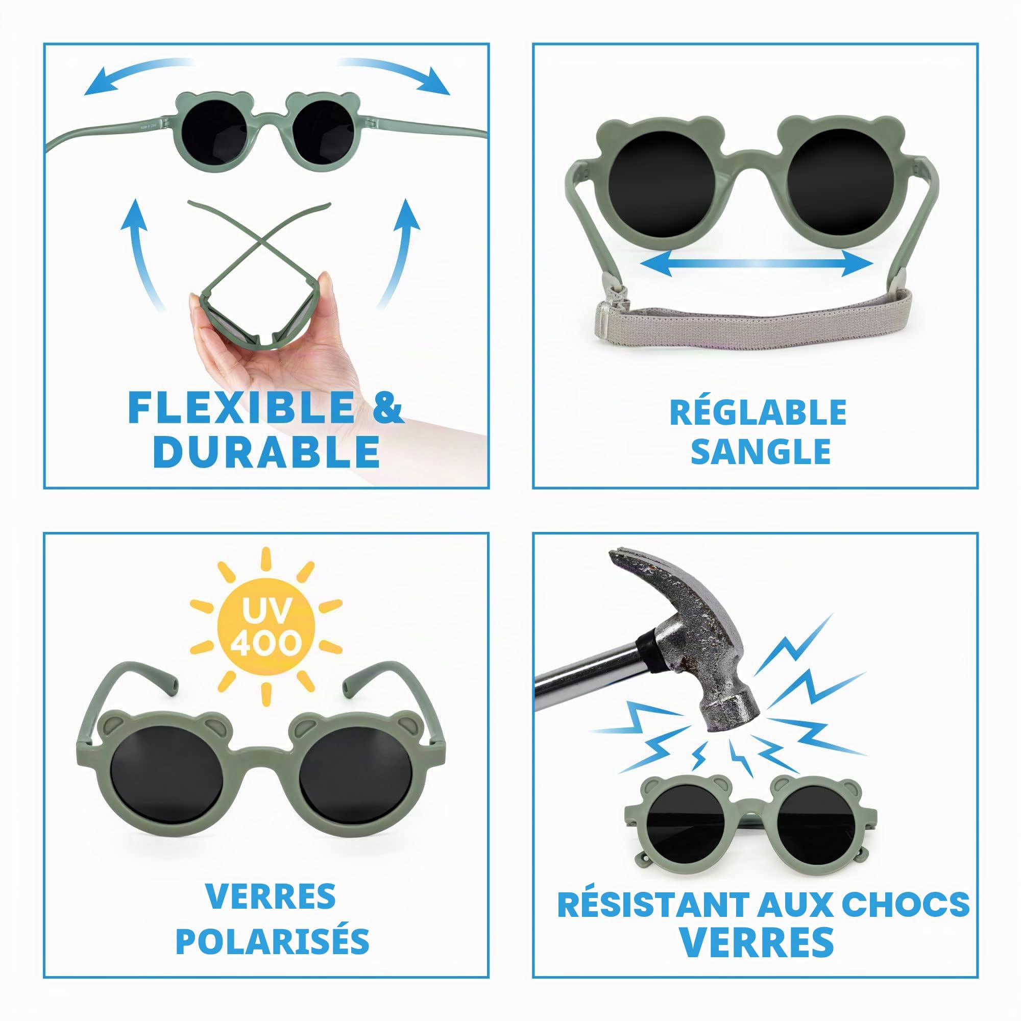 Jan & Jul Lunettes de soleil polarisées UV-400 flexibles pour bébés, tout-petits et enfants avec sangle pour filles et garçons
