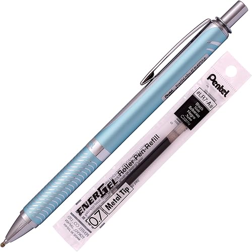 Pentel  Pluma de gel Energel Alloy RT, de punta mediana de metal, tinta negra + recambio, Cuerpo azul cielo