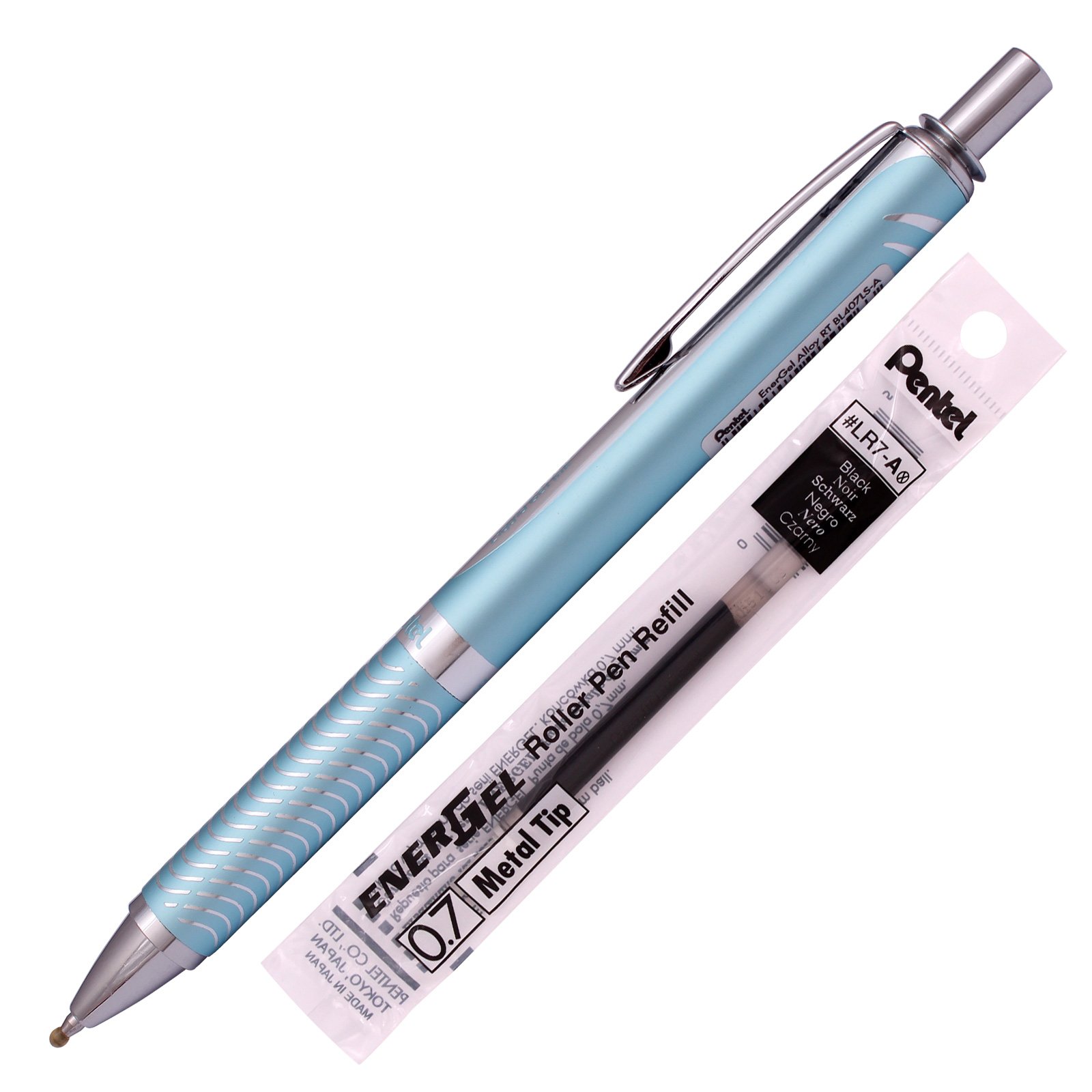 PentelEnergel Alloy RT Gel Pen Medium Point Metal Tip Ballpoint Pen Black ink + Refill (Sky blue Body)