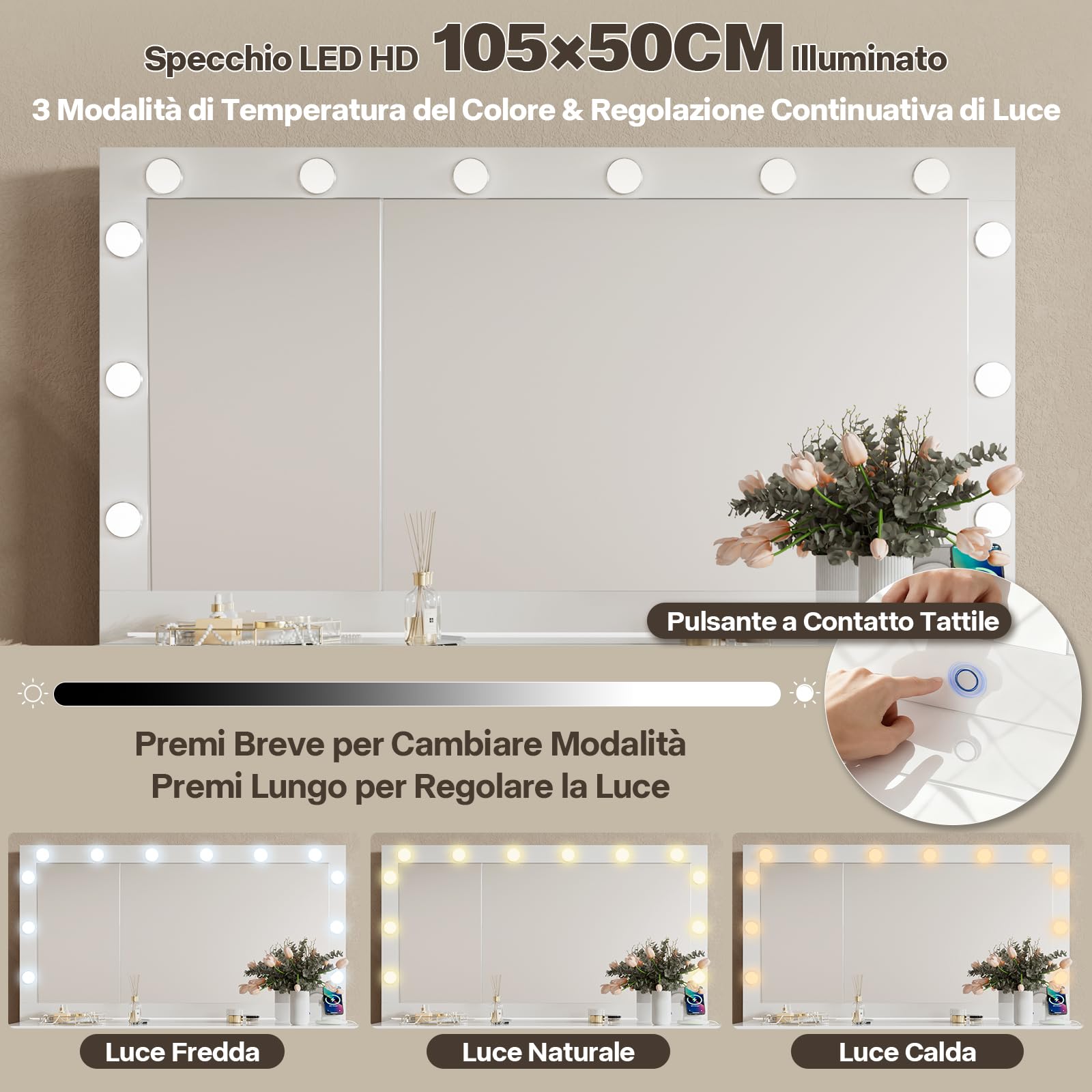 TRIUMPHKEY Bianco Lucido Toeletta Trucco con LED e Prese,Postazione Trucco con Grande Specchio,120 x 40 x 140 cm,Tavolo da Trucco con 7 Cassetti e Armadio per Gioielli