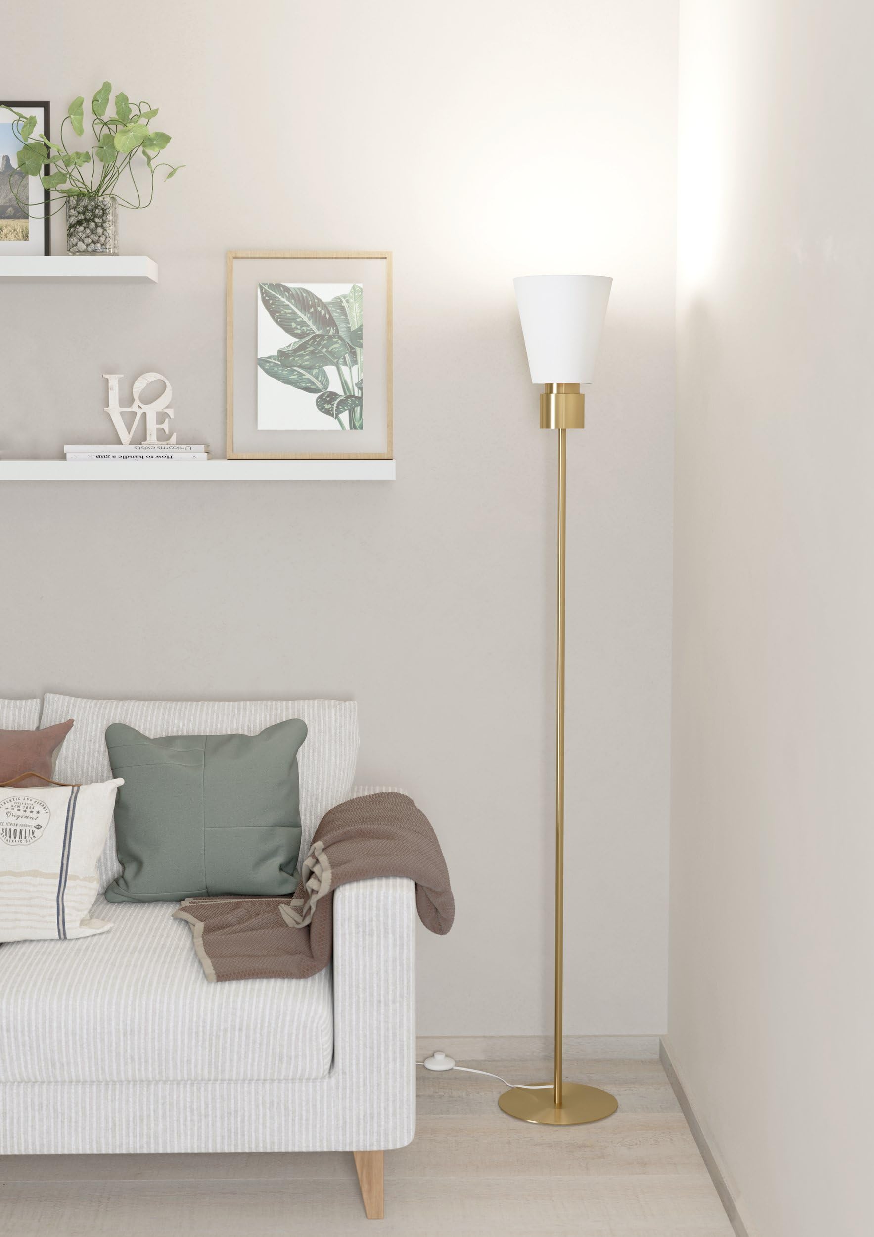 EGLO Stehlampe Aglientina, Deckenfluter minimalistisch | Eck Standleuchte aus Metall in Messing-Gebürstet und Textil in Weiß, Lampe Wohnzimmer, Stehleuchte mit E27 Fassung