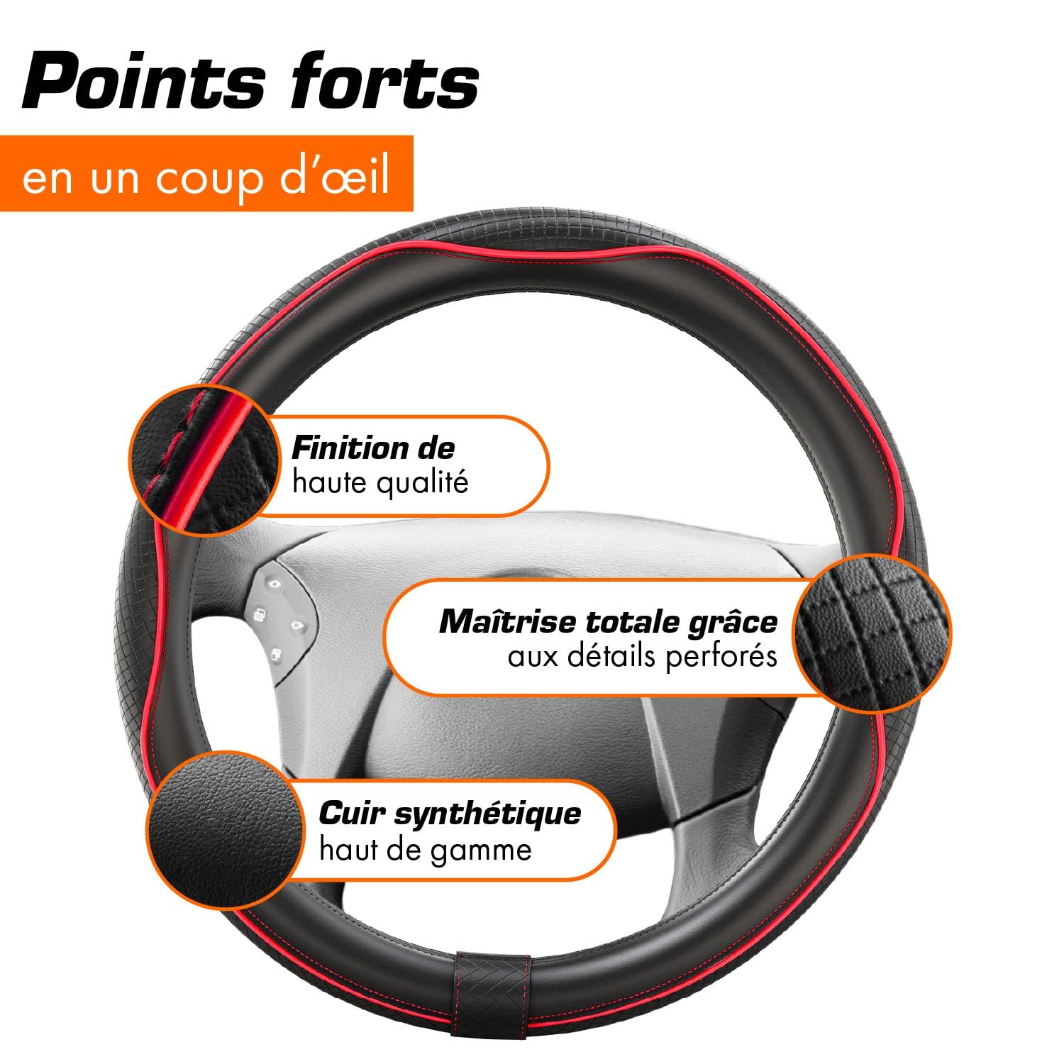 Upgrade4cars Couvre Volant Camion 44-46 cm Noir Rouge Simili Cuir | Housse de Protection Furgon Taille Universel | Accessoires Voiture Decoration Interieur Protege