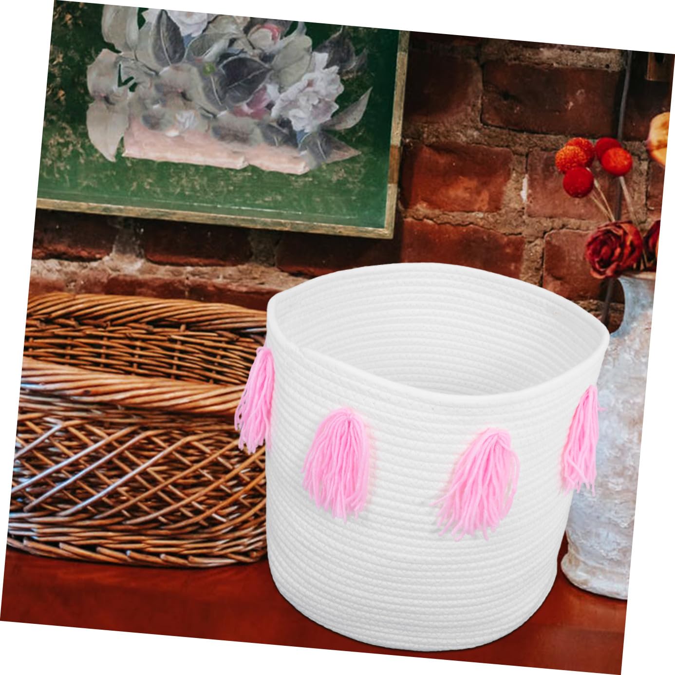 Cestino Portaoggetti Artigianale in Corda di Cotone Rosa | Nappine Decorative, per Casa e Hotel, Adatto a Rossetti e Accessori Bebé