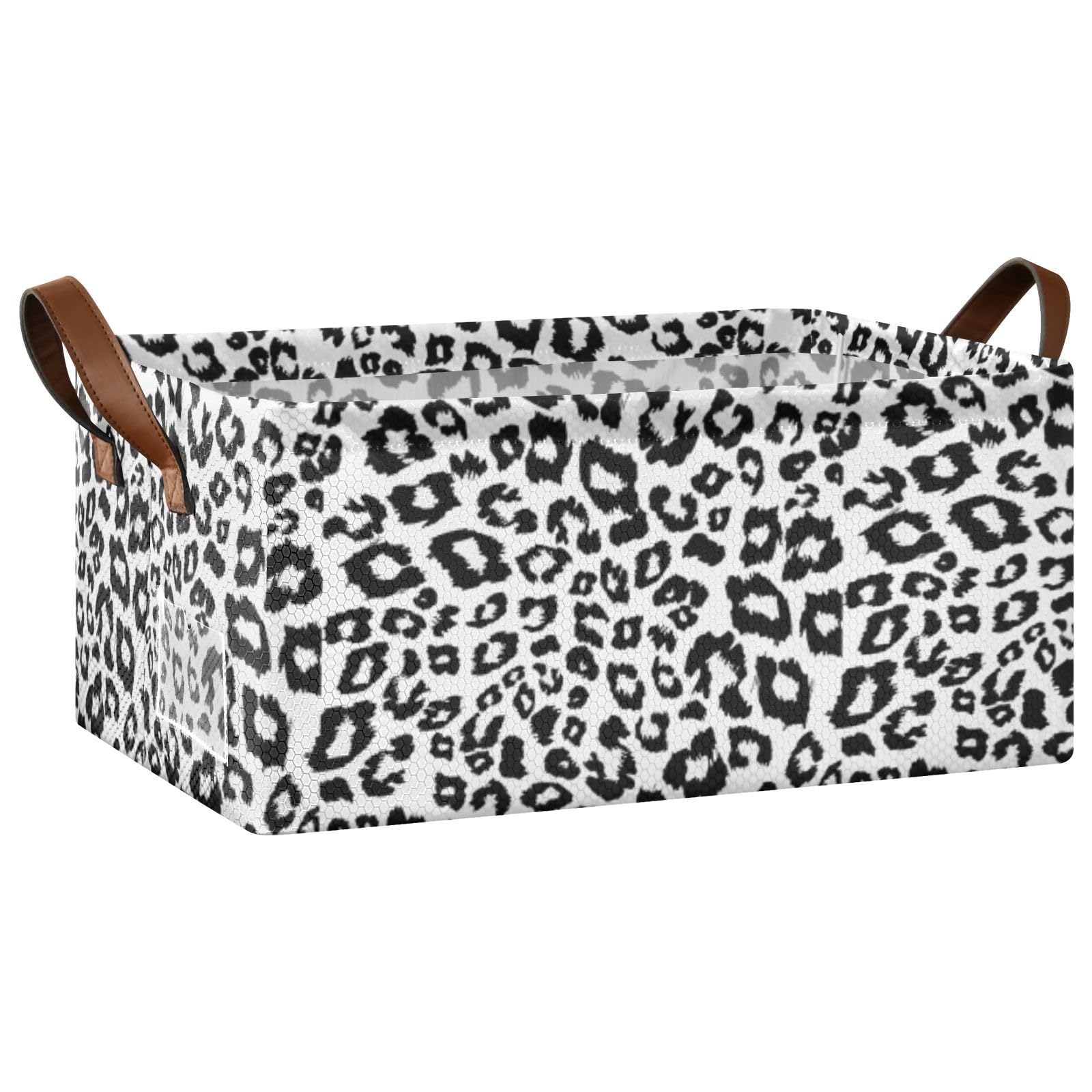 Fygkptb Seamless Black Leopard Skin Animal Print on White 1 PC Rectangle Foldable Frame Basket Leather Handles Storage Bin for Laundry Bathroom Organizer 16.9 x 11.4 x 7.7 inch