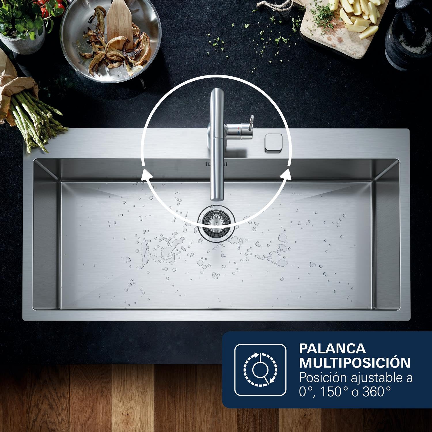 GROHE Essence - Grifo de cocina con ducha extraíble (Monomando giratorio 360°, ahorro de agua con limitador de caudal ajustable, fácil instalación en fregadero), cromo, 30269000