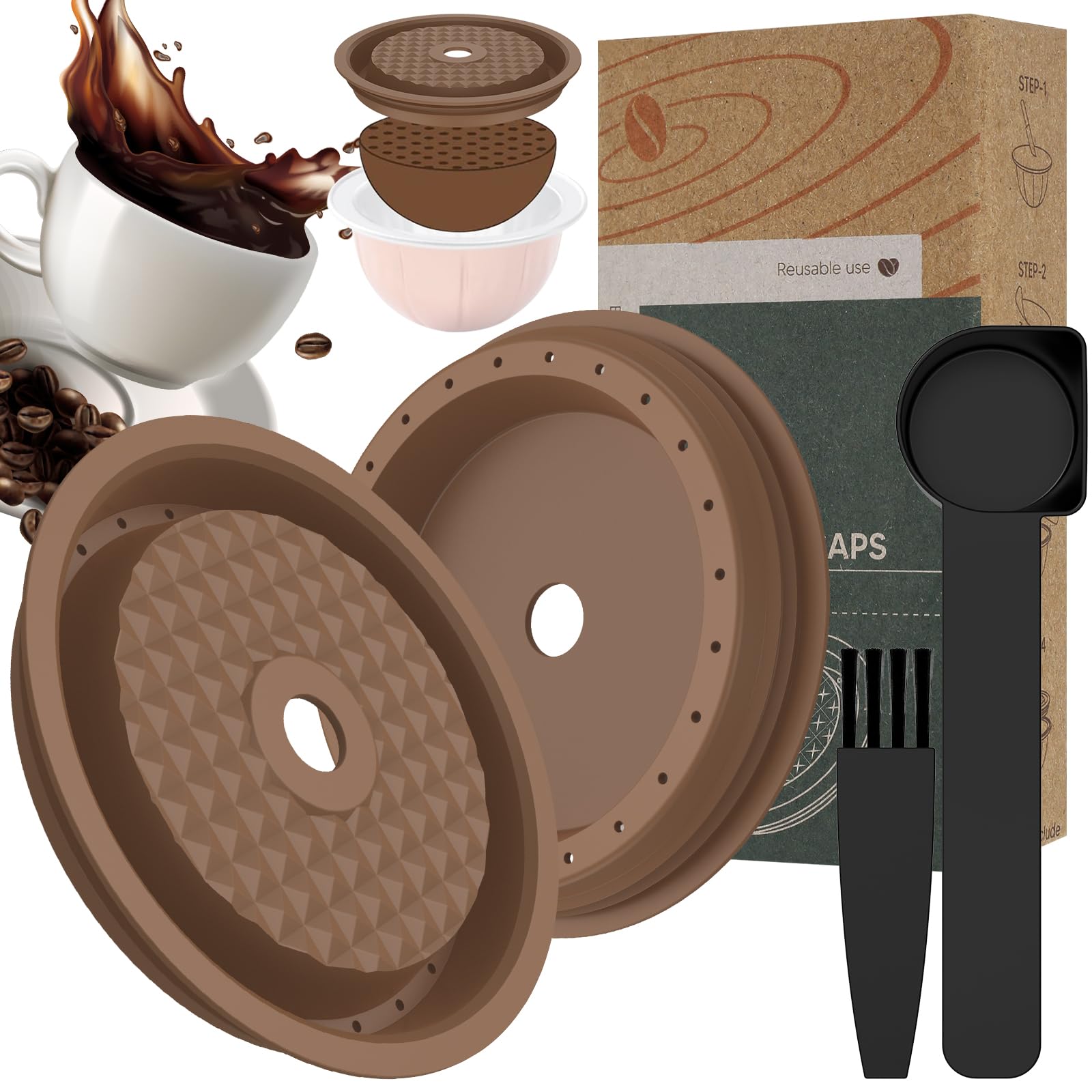LYDODOKA Reusable Coffee Capsule Discs, Reusable Refillable Pod for Capsules, Refillable Coffee Capsule Lids, Food Grade Silicone Caps with Scoop & Brush/Aluminum Foil Flexible(2PCS) (A)