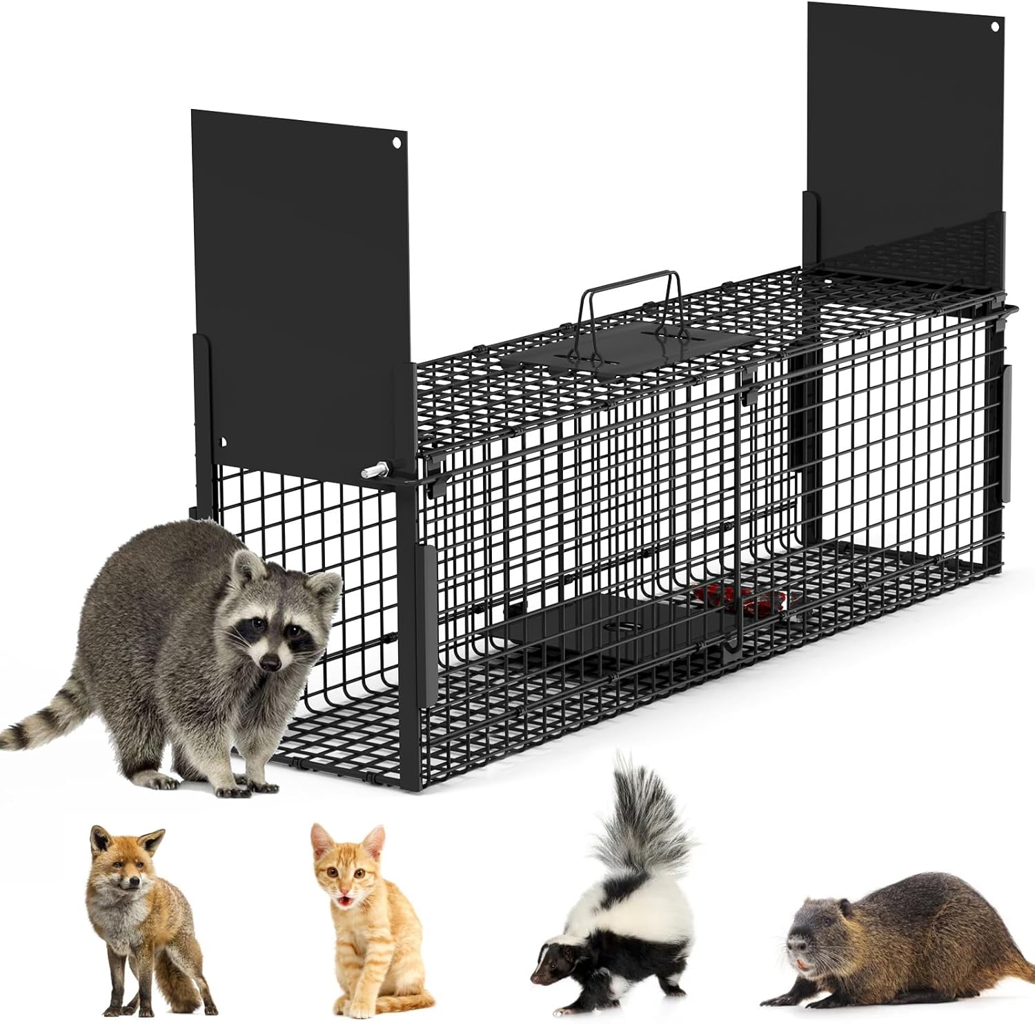 40'' Double Door Live Animal Cage Trap, Collapsible Galvanized Iron Humane Catch Release Animal Catcher Cage for Raccoons Armadillos Foxes Opossums Muskrats Beavers Under 18LBS