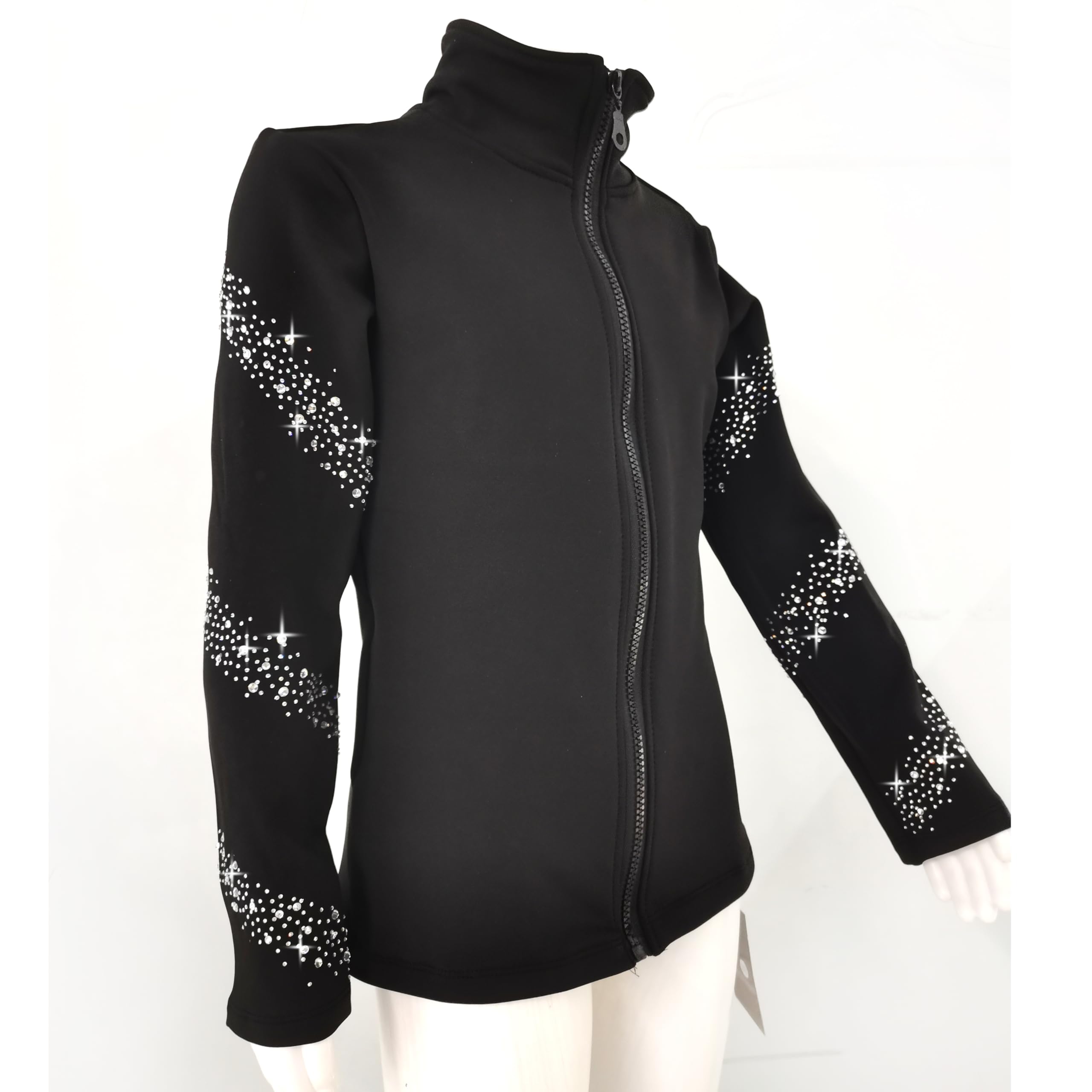 Chaqueta de entrenamiento de patinaje artístico negro para niña con diamantes de imitación brillantes, ropa de entrenamiento de patinaje de primera calidad