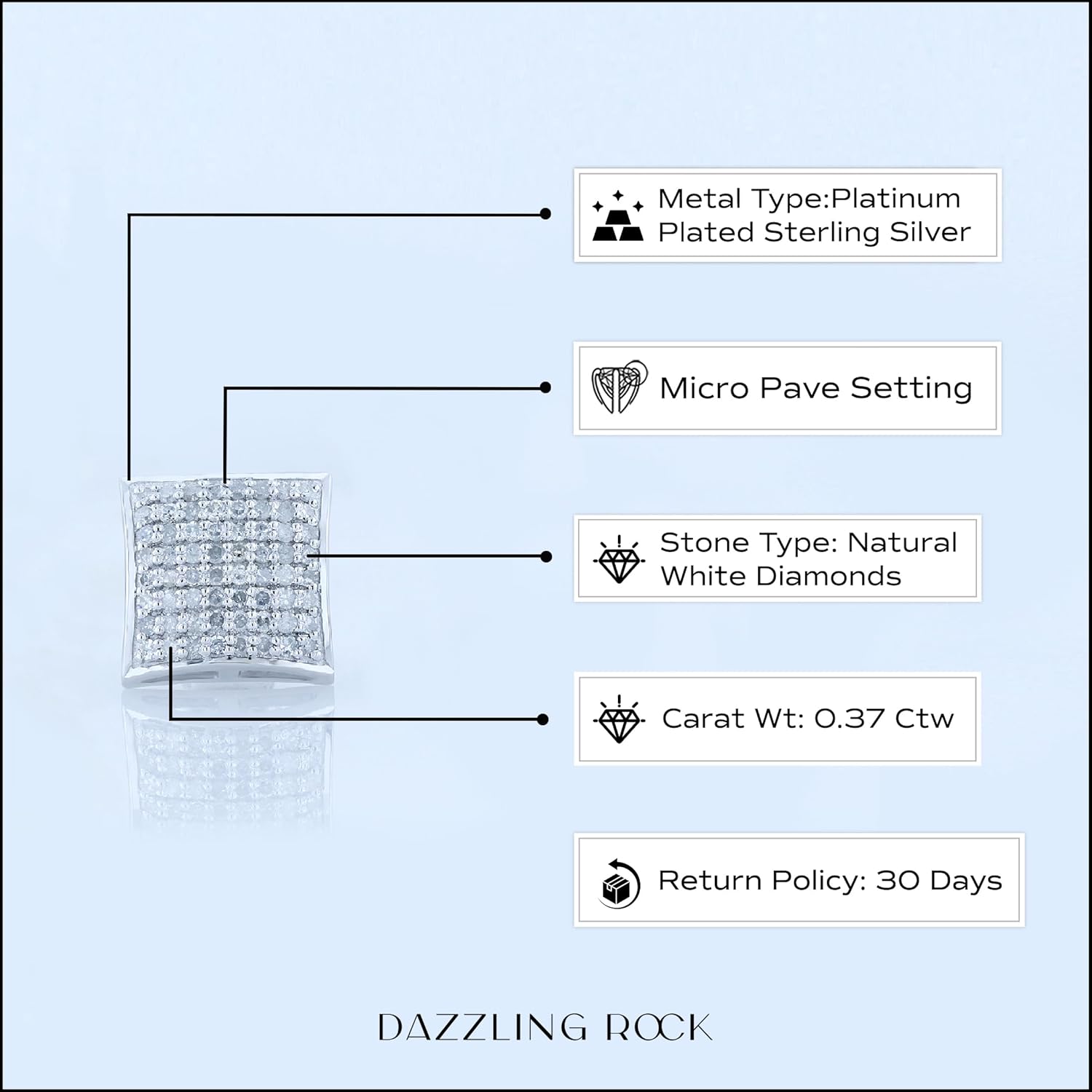 Dazzlingrock Collection 0.37 Ctw Round White Natural Diamond 11mm Kite Hip Hop Iced Out Stud (1Pc Only) in Platinum Plated Sterling Silver, Unisex Design Ladies,Mens Real Natural Diamond Earrings