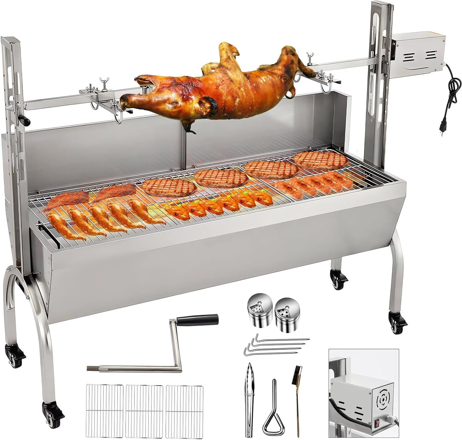 Rotisserie Grill with Back Cover Guard,25W Motor 55 Inch Stainless Steel Small Pig Lamb Rotisserie Roaster, BBQ Charcoal Rotisserie Grill for Camping Party，Outdoor Kitchen (176 LBS/80KG)