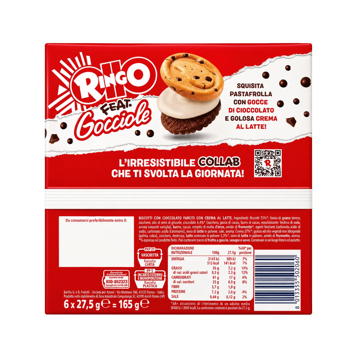4X Ringo feat. Gocciole Biscotti con Gocce di Cioccolato e Crema al Latte, Limited Edition, 165g