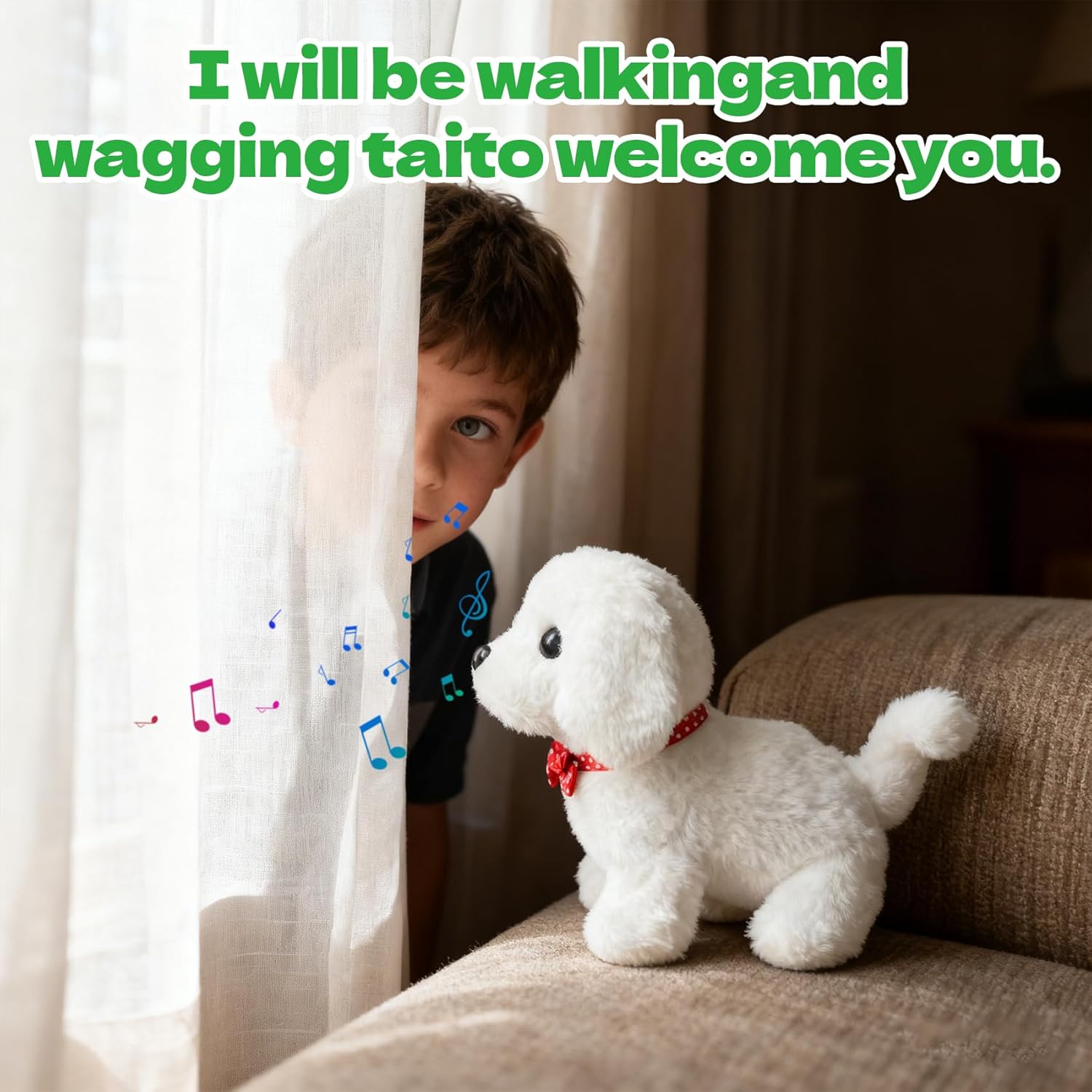 Electronic Interactive Dog Toy, White Plush Puppy with Wagging Tail, Singing, Walking, and Barking Functions, Red Bow Tie, Battery Powered Pet Toy for Kids