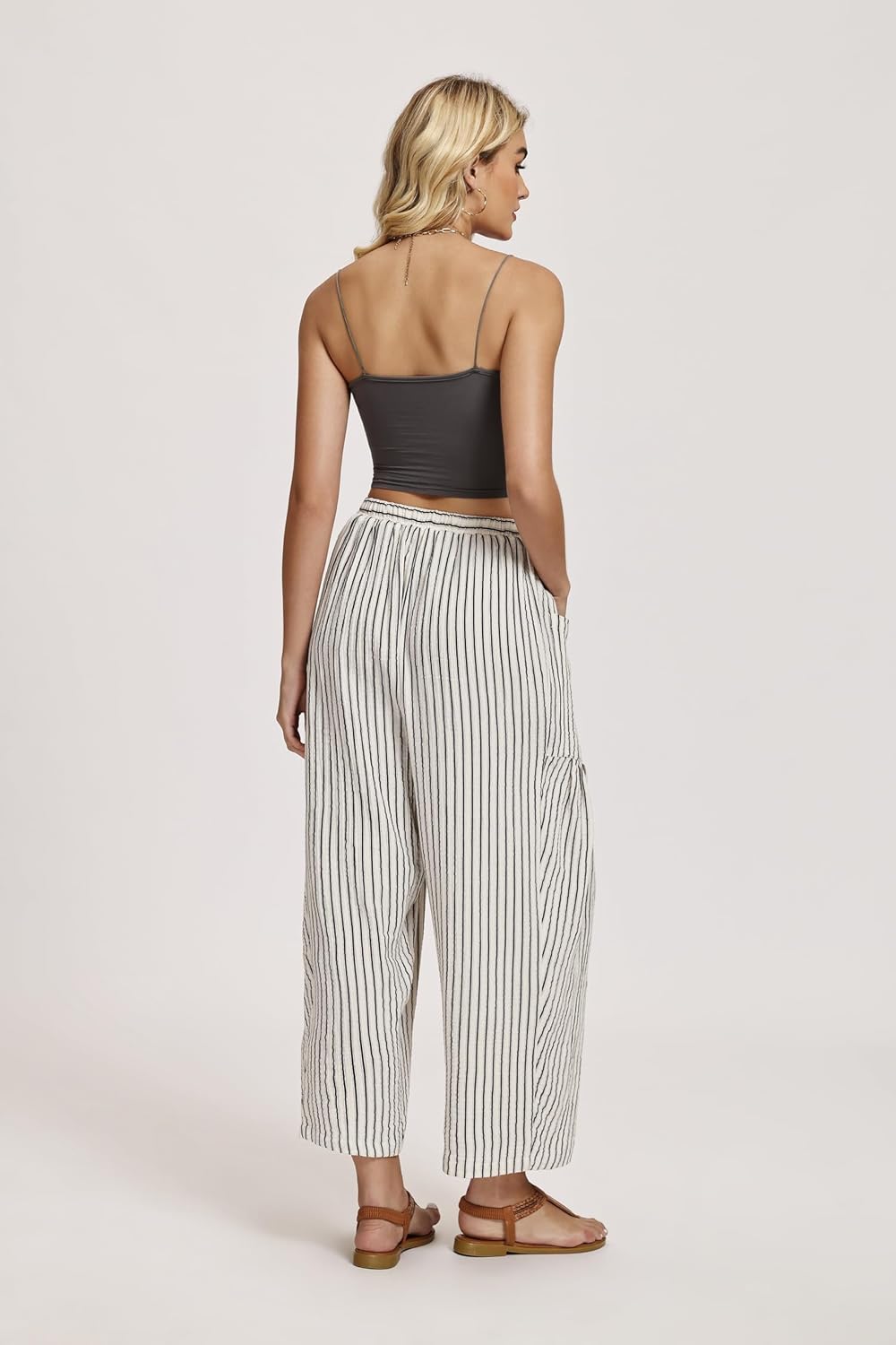 LOMON Womens Wide Leg Linen Pants Casual Drawstring Palazzo Harem Pants Summer Loose Beach Travel Vacation Pants with Pockets - Image 5