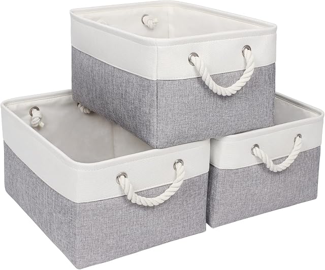 Syeeiex Storage Basket for Shelves [3-Pack], Storage Boxes with Handles, Large Fabric Storage Bins for Organizing Home and Office, White & Grey