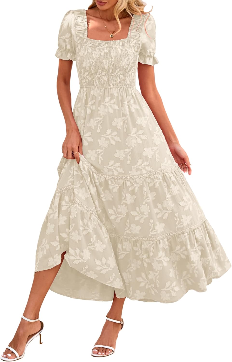 Lazysmile Women's Summer Boho Floral Maxi Dress Short Sleeve Square Neck Smocked Ruffle Elegant Wedding Guest Dress