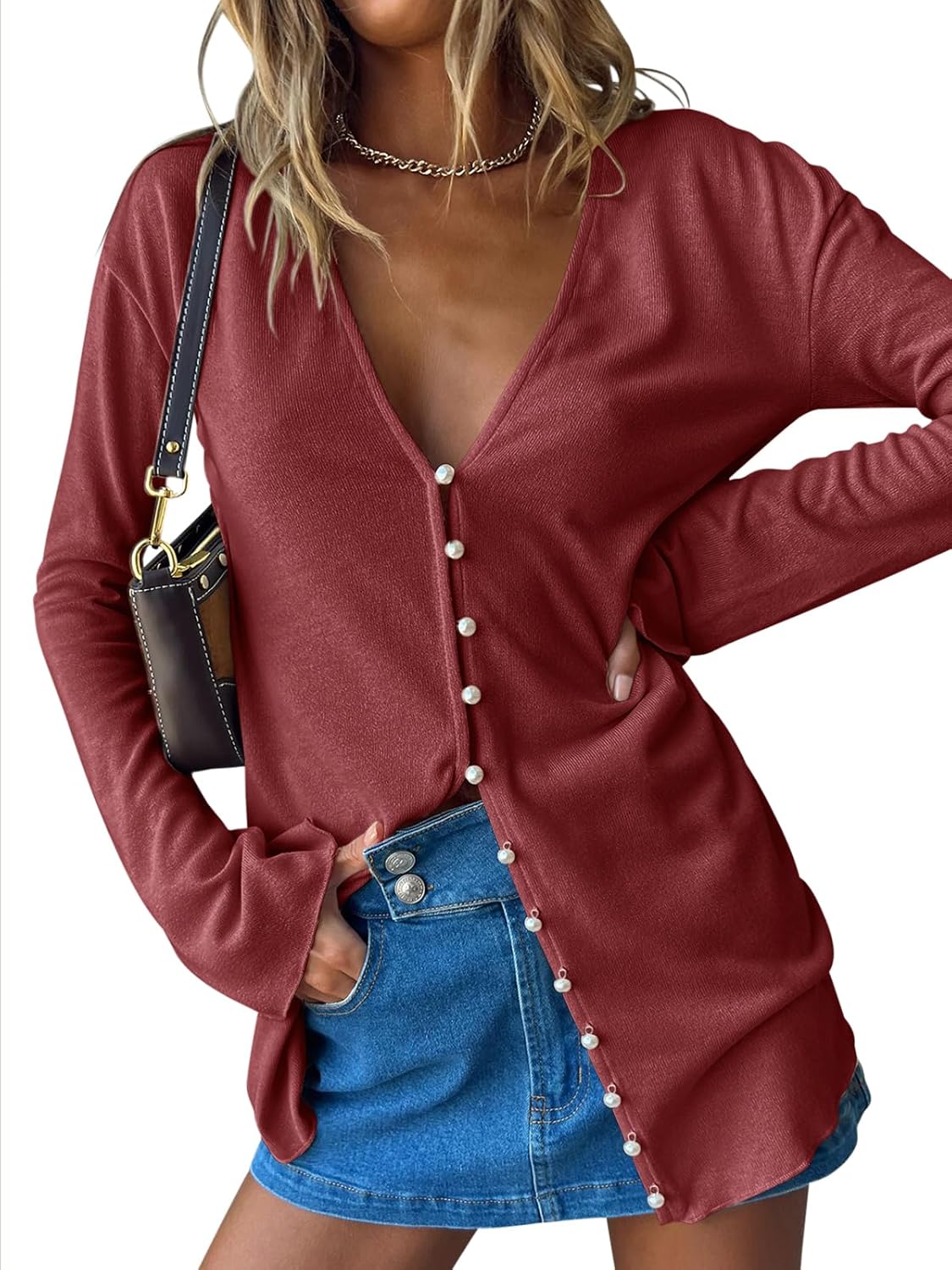 Saodimallsu Women Deep V Neck Cardigan Button Down Flare Long Sleeve Loose Open Front Knit Summer Lightweight Shirts - Image 2