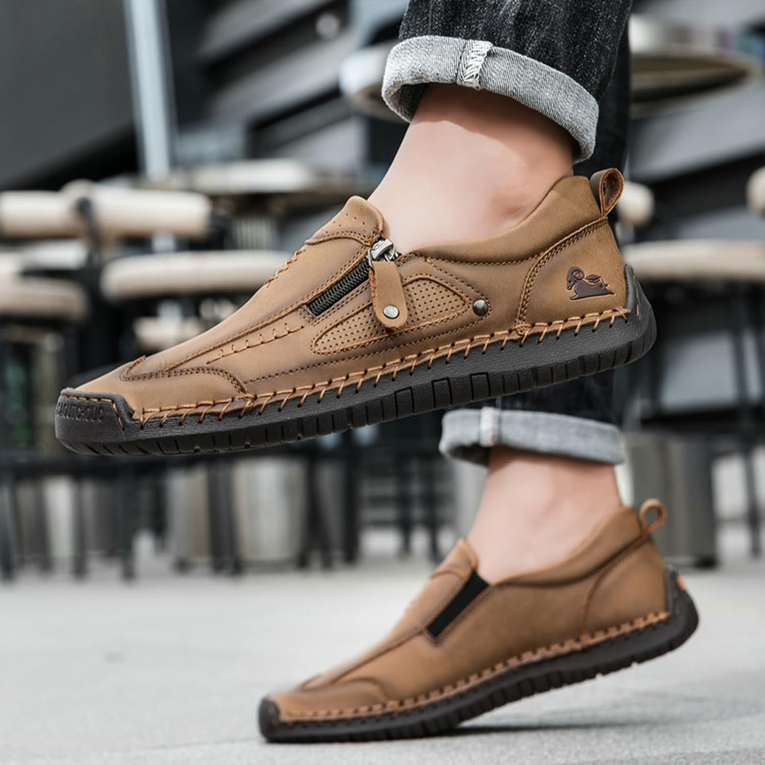 Men's Leather Handmade Slip On Flat Loafers Retro Side Zipper Comfortable Breathable Round Toe Non-Slip Walking Shoes Casual Driving Daily Business Sneakers