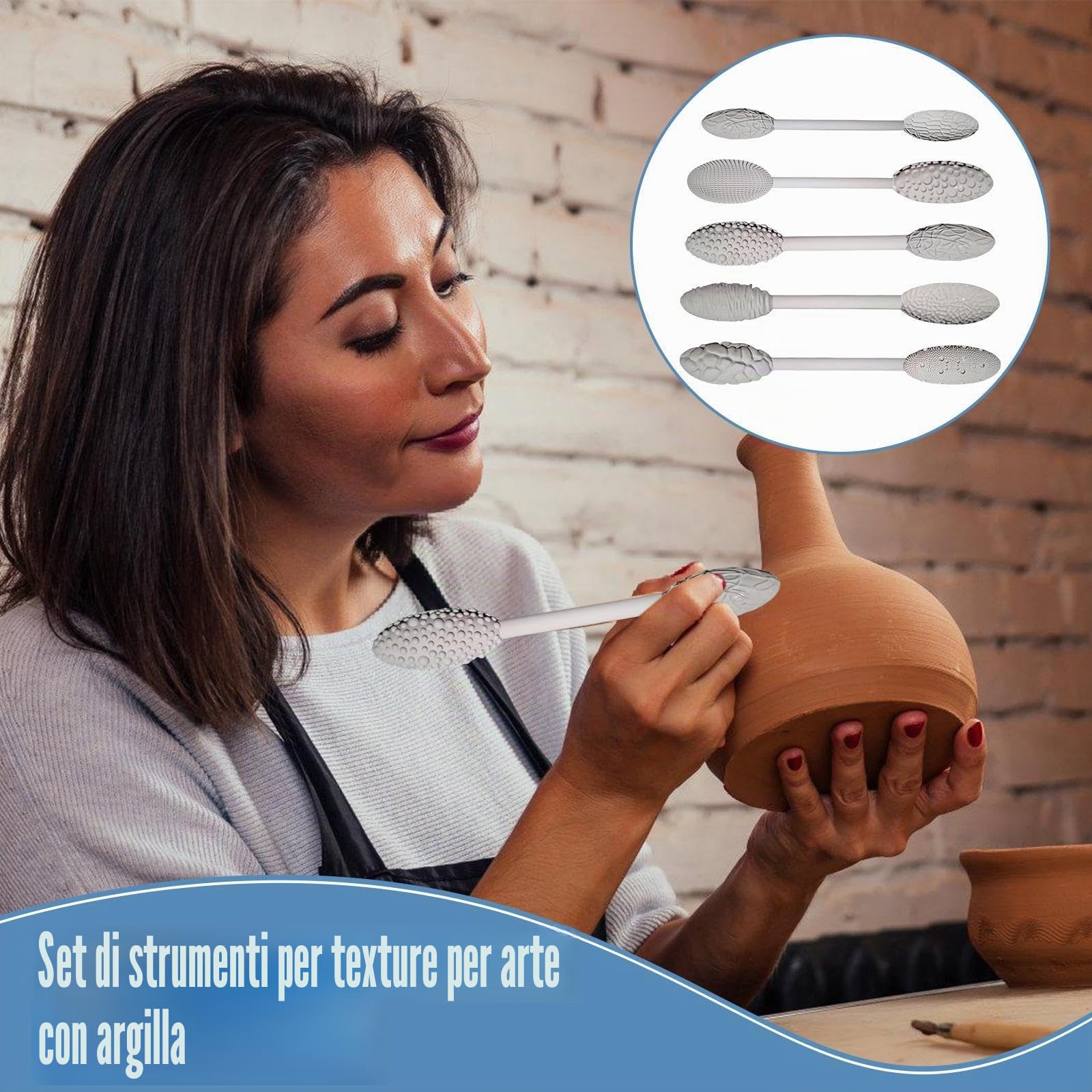 Kit di 5 rulli per texture in argilla, doppia testa, strumenti per modellare, modellare, rullo