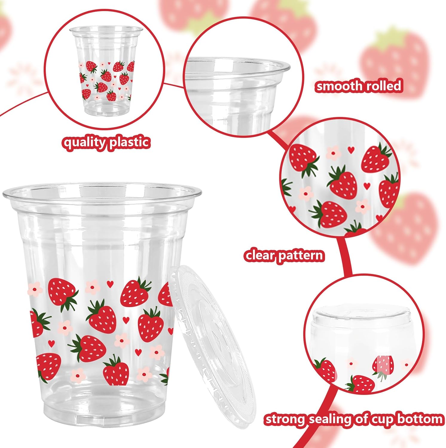 Whaline 50Pcs Strawberry Plastic Cups with Lids and Straws Red Pink Strawberry Heart Daisy Clear Plastic Cup 12oz Disposable Cup for Birthday Baby Shower Party Supplies - Image 3