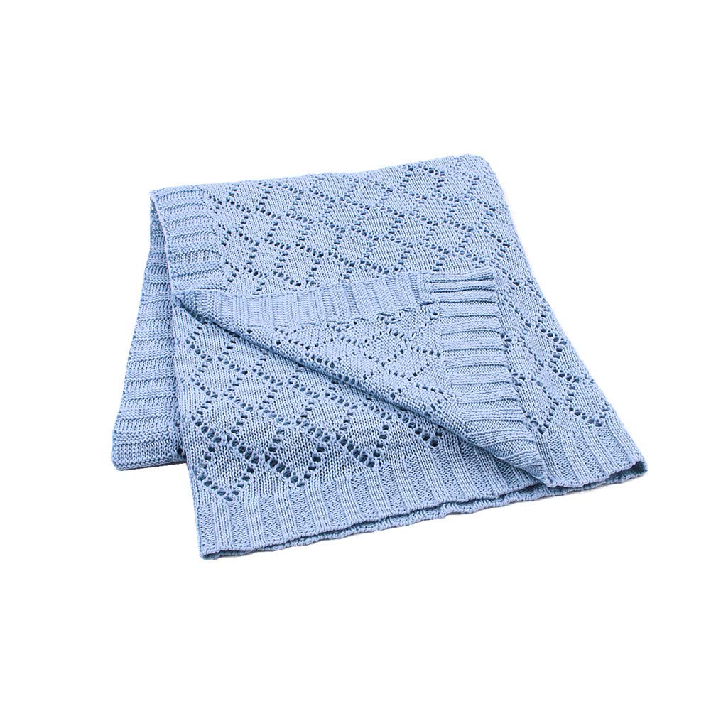 Odot Baby Soft Knit Pure Blanket for Boys and Girls, Toddler Warm Swaddle Sleeping Square Throw Blankets Knitted Unisex Patterns Pram Cot Bed Textured Sleep Blanket (80x100cm,Blue)