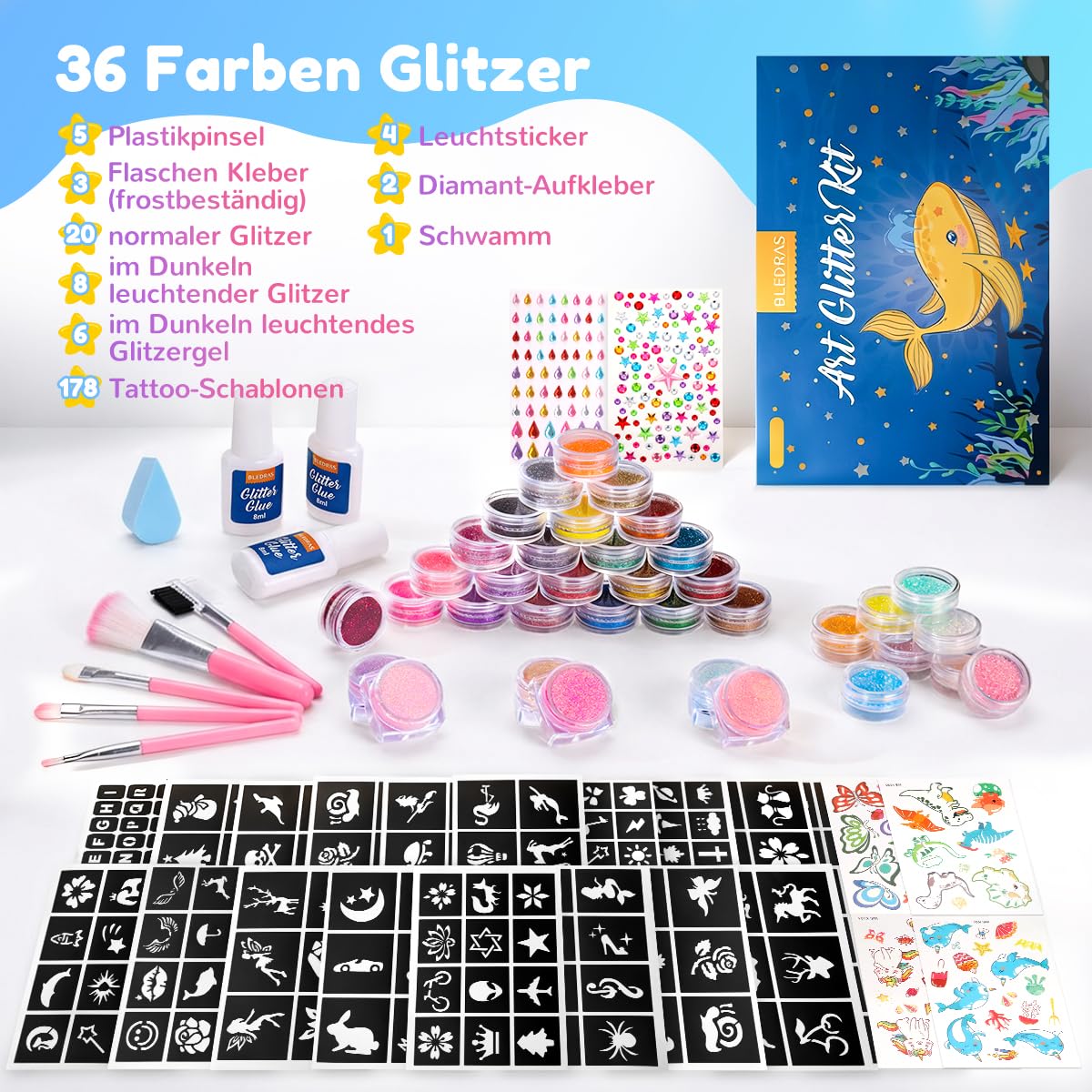 Bledras 36 Farben Glitzer Tattoo Set Kinder - Komplett-Set mit 178 Schablonen, 5 Pinseln, 3 Klebern, 4 Leucht-Tattoos & weiterem Zubehör – Geschenke für Kinder im Alter von 3 bis 12 Jahren - 3