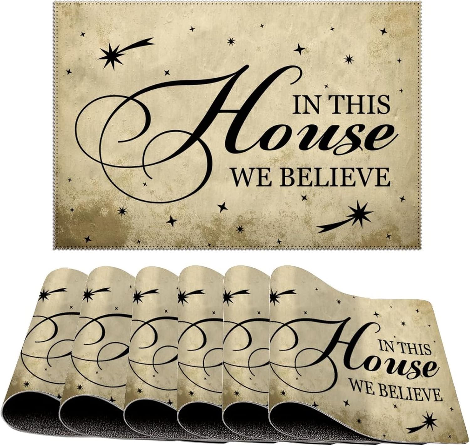 in This House We Believe Placemat 6 PCS, Merry Christmas Non-Slip Spring Placemats for Kitchen Dining Table BBQ Patio Parties, Dirt Resistant Wipeable Washable Durable