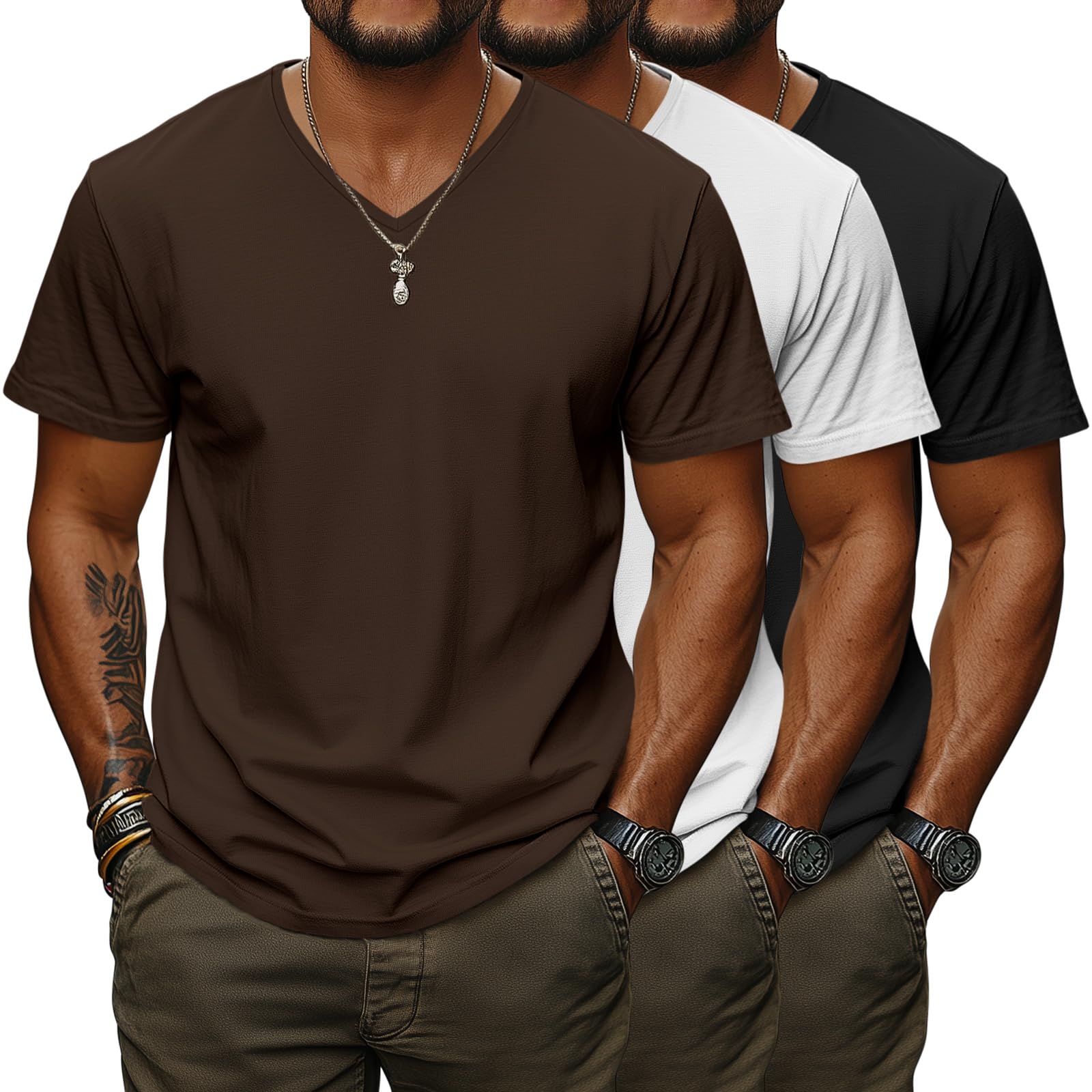 Ficerd 3 Pack Big and Tall V Neck Shirts for Men, Cotton Short Sleeve T Shirts Loose Casual Summer Basic Tee