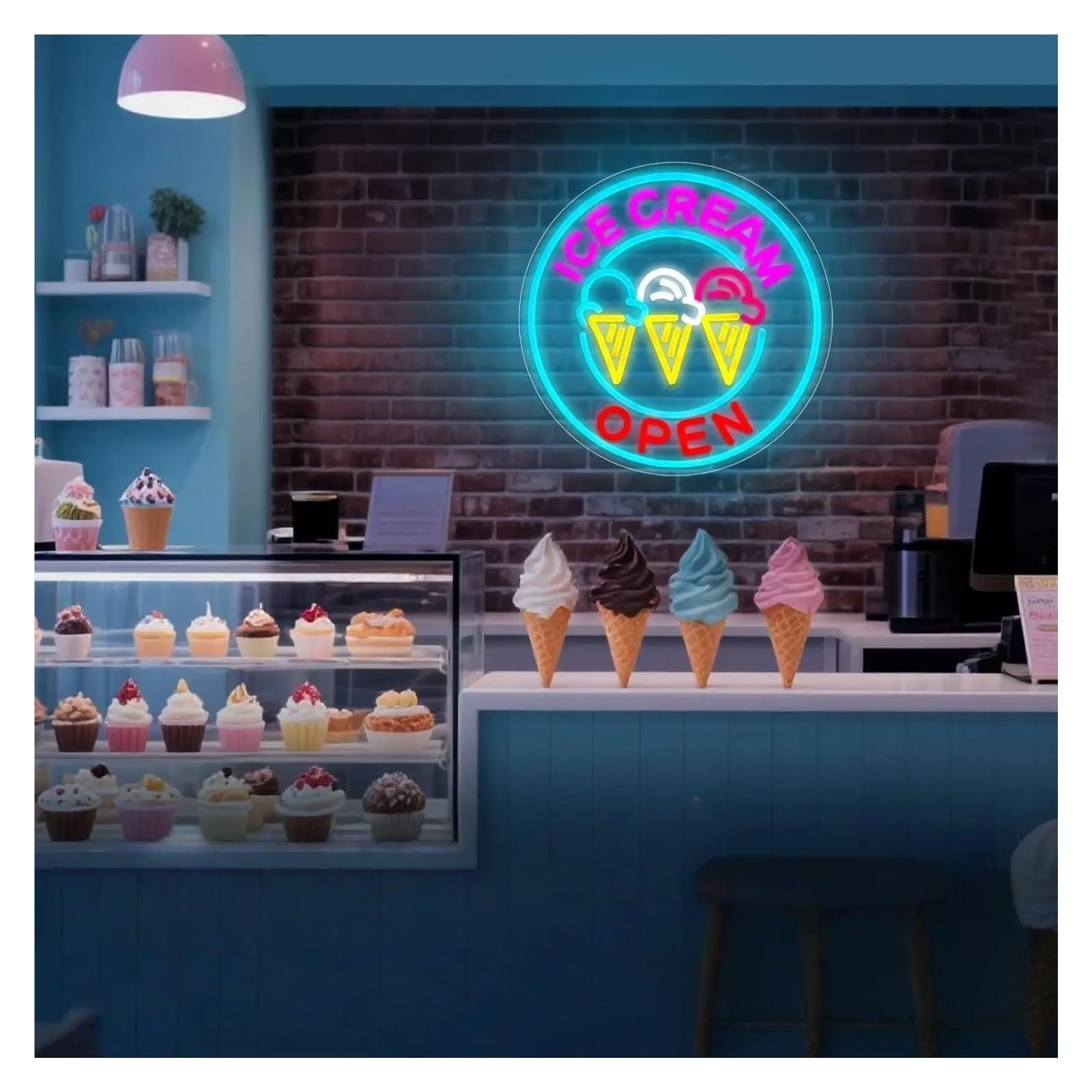 Luces de neón Letrero De Neón Ice Cream Open Con Luz LED Regulable Para Restaurante Bar Dormitorio De Chicas Cafetería Heladería Tienda Decoración 43.55cmx43.55cm