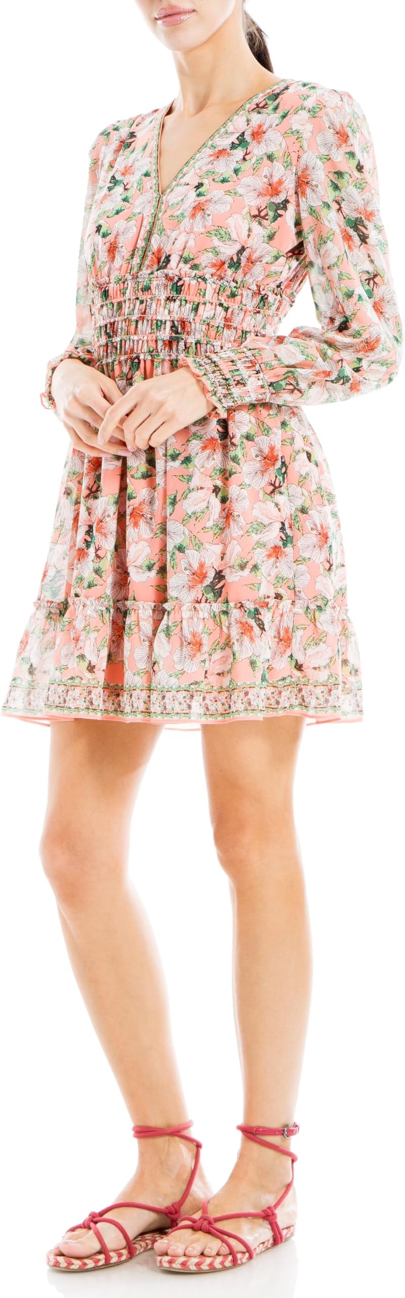 Max StudioWomen's Georgette Smocked Long Sleeve & Waist V-Neck Short Dress