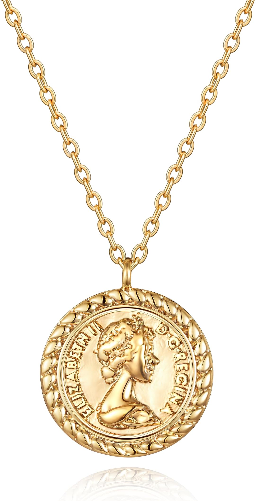 Coin Necklace 18k Gold Plated Vintage Textured Medallion Coin Pendant Round Circle Disk Dainty Necklace for Women