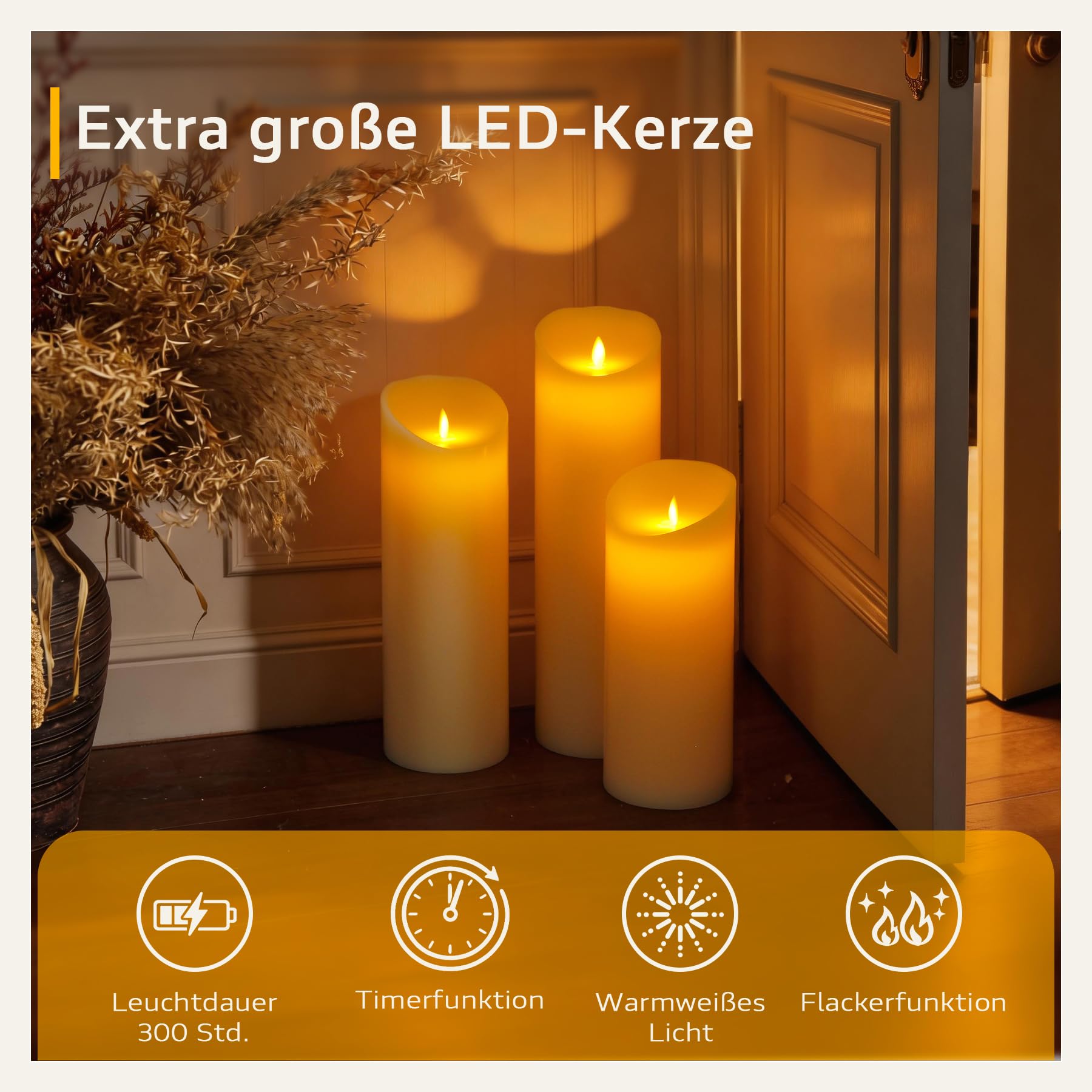 Yeelida Candela LED grandi senza fiamma 10cm x35cm Temporizzazione avorio a distanza, Candela tremolanti alimentate a batteria Stoppino in movimento Grande Di lunga durata Alto Vera cera
