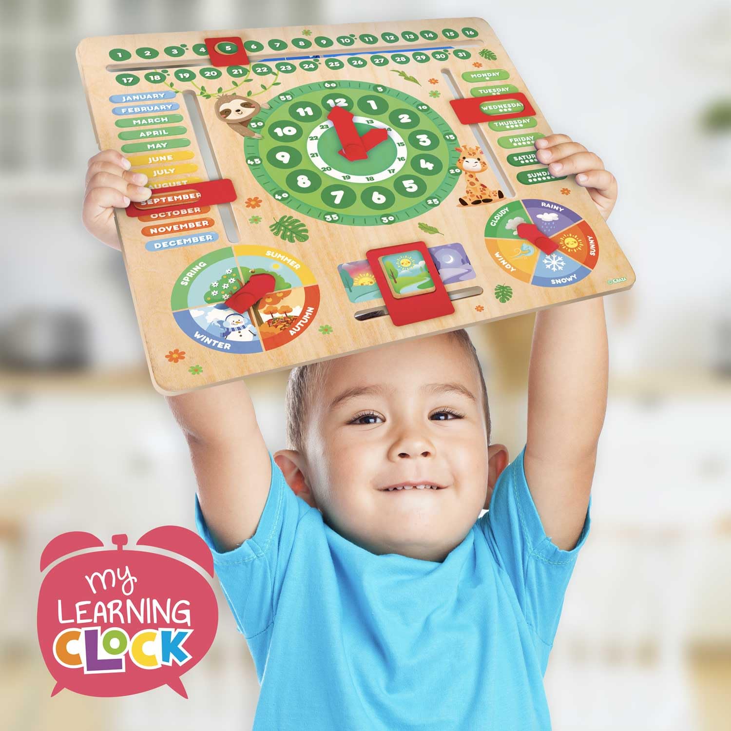 CRAZE Reloj de Aprendizaje en Inglés para Niños, Horas, Clima, Meses, Días de la Semana... Juego Educativo Fabricado en Madera, con Diseños de Animales
